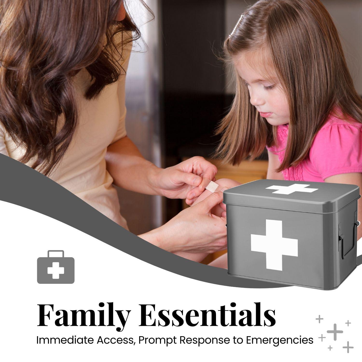 Flexzion Flexzion First Aid Box Organizer, Empty 8.5 Inch Gray Vintage First Aid Kit Tin Metal Medical Box First Aid Storage Box Container Bins with Dividers, Removable Tray and Cross Logo