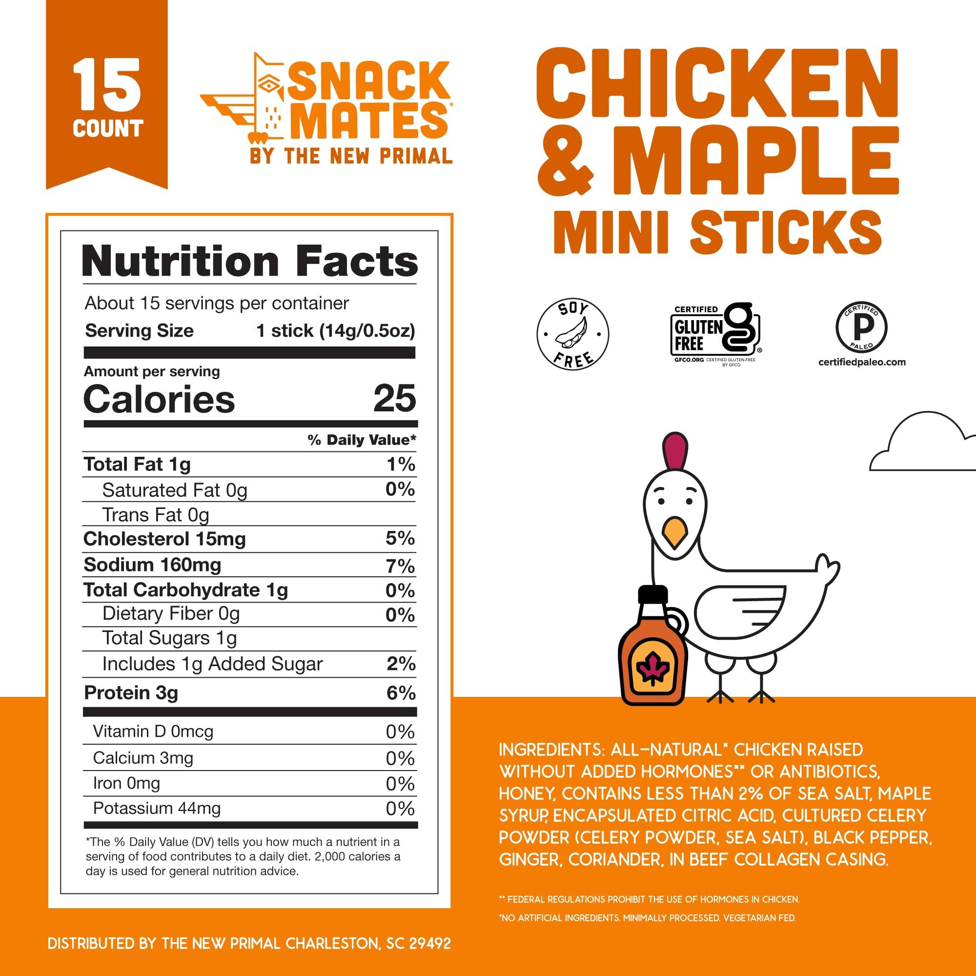 The New Primal The New Primal Snack Mates Chicken & Maple Sticks, Gluten Free Healthy Snacks for Kids, Low Sugar High Protein Back to School Snacks, Mini Paleo Jerky Meat Stick, 7g Protein, 50 Calories, 15 Pack