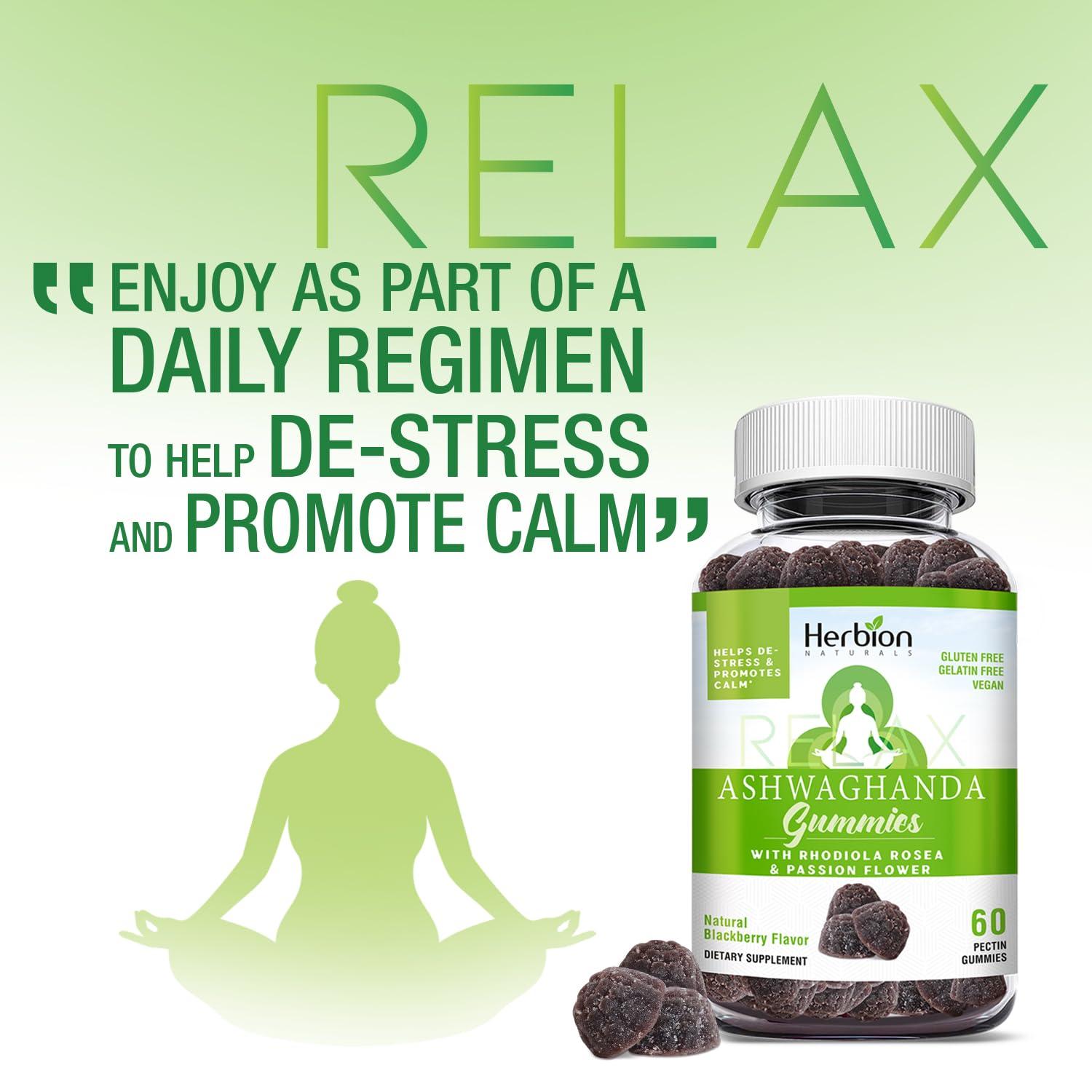 Herbion Naturals Herbion Naturals Ashwagandha Gummies with Herbal Blend, Helps De-Stress & Promote Calm*, Natural BlackBerry Flavor, Gluten-Free, 60 Pectin Gummies, Vegan, Made in USA, Pack of 4