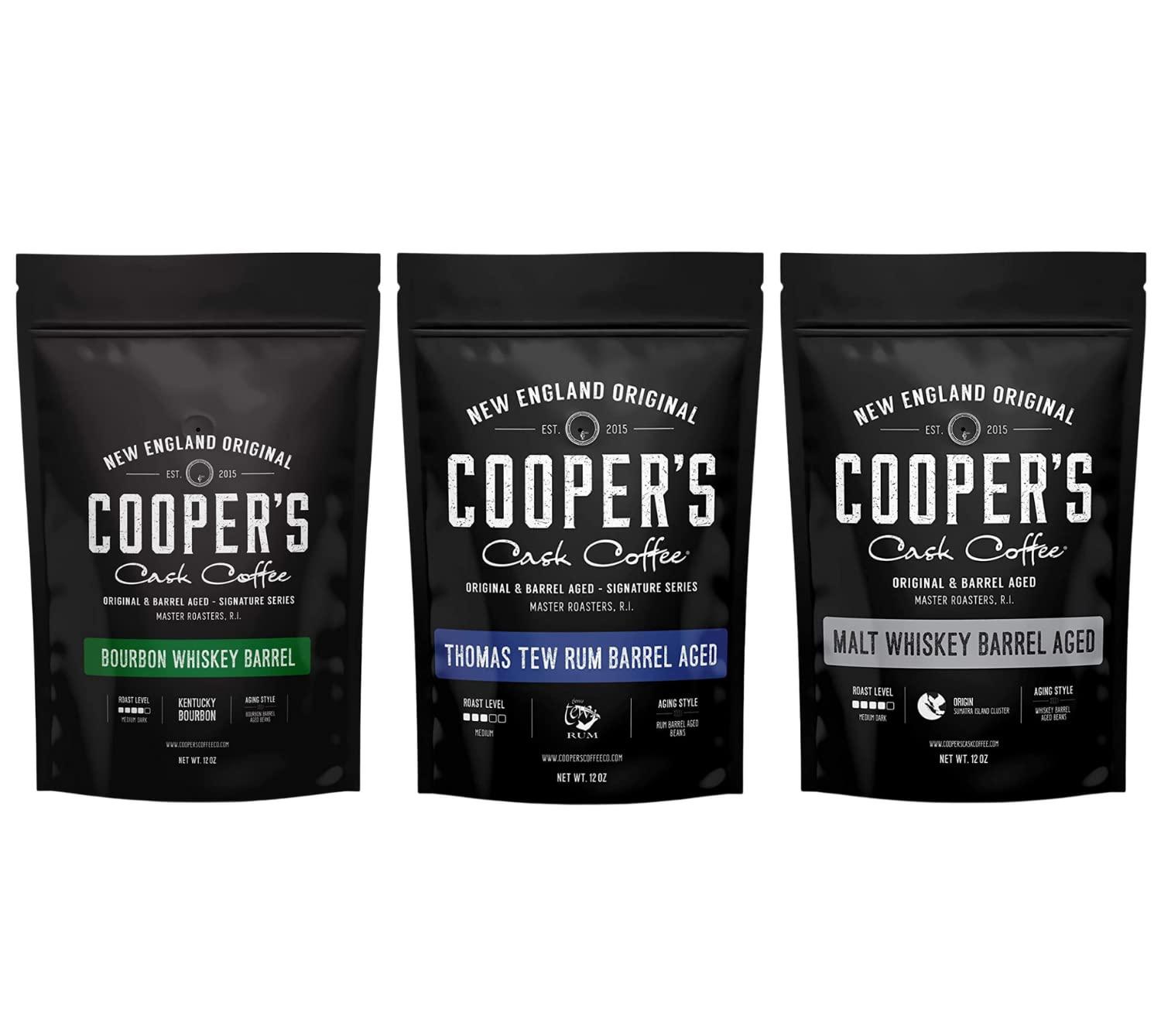 Cooper's Cask Coffee Single-Malt Whiskey Barrel Aged Coffee, Rum Barrel Aged Coffee, and Bourbon Whiskey Barrel Aged Coffee, Whole Coffee Beans, 12oz, Cooper's Cask Coffee
