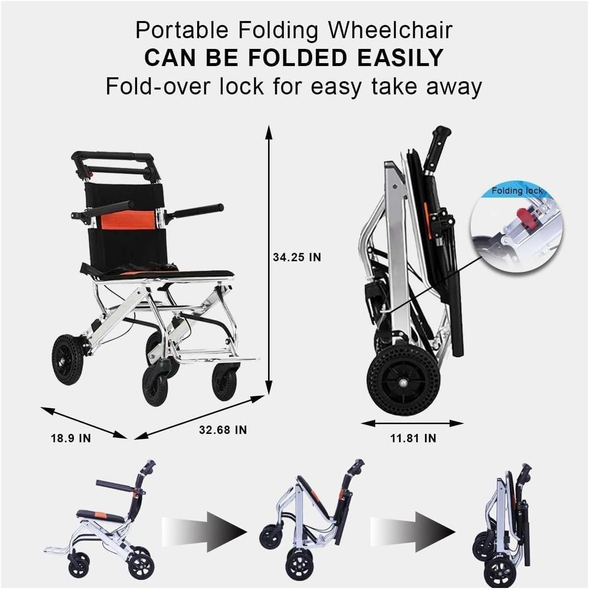 EliteBloom Wheelchair Lightweight Transport Wheelchair Folding Portable Boarding Travelling Wheelchair W/Hand Brake Outdoor Travel Aluminum Transit Chair for Seniors Transit Chair,