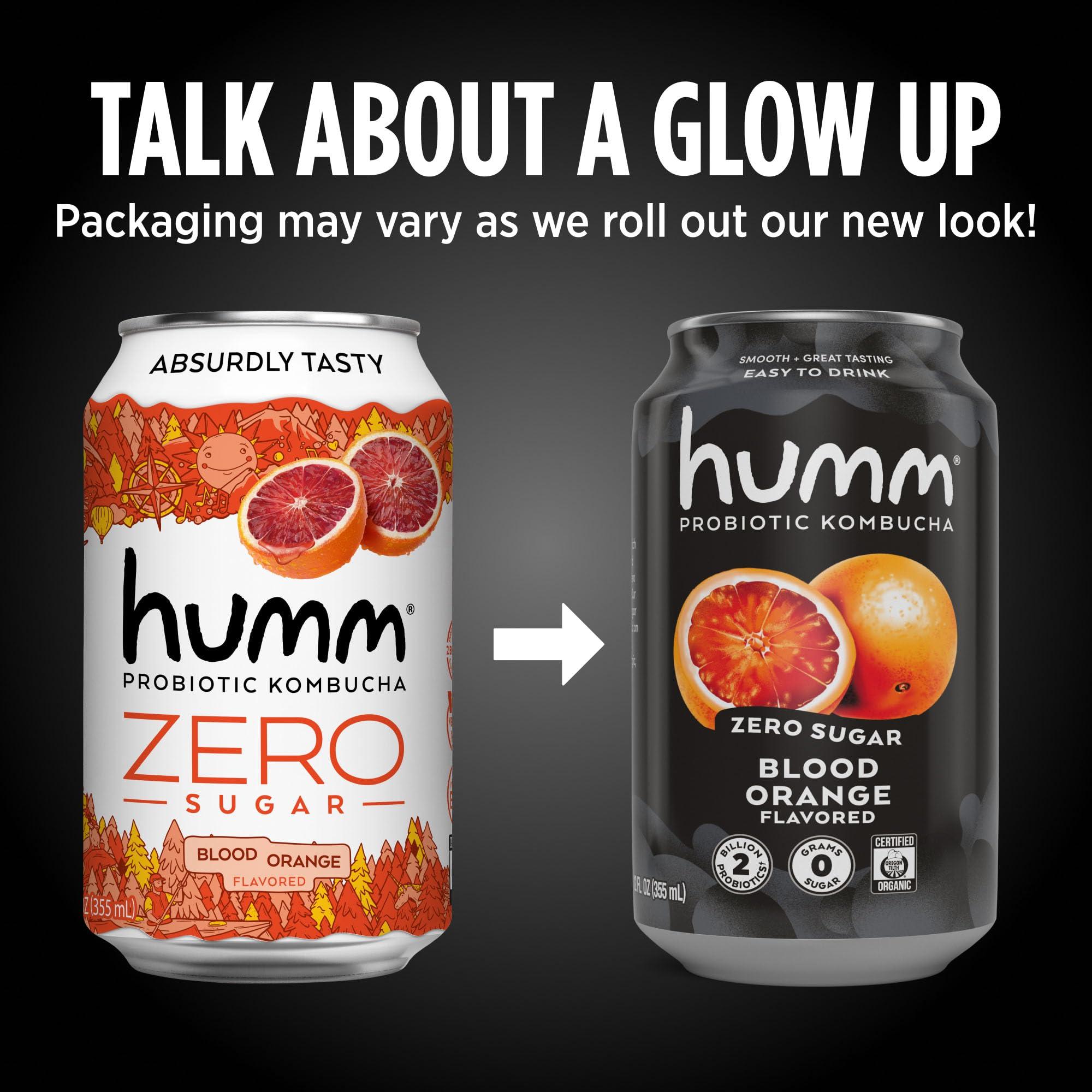Humm Humm Probiotic Kombucha Zero Sugar Blood Orange - No Refrigeration Needed, Keto-Friendly, Organic, Vegan, Gluten-Free - 12oz Cans (8 Pack)