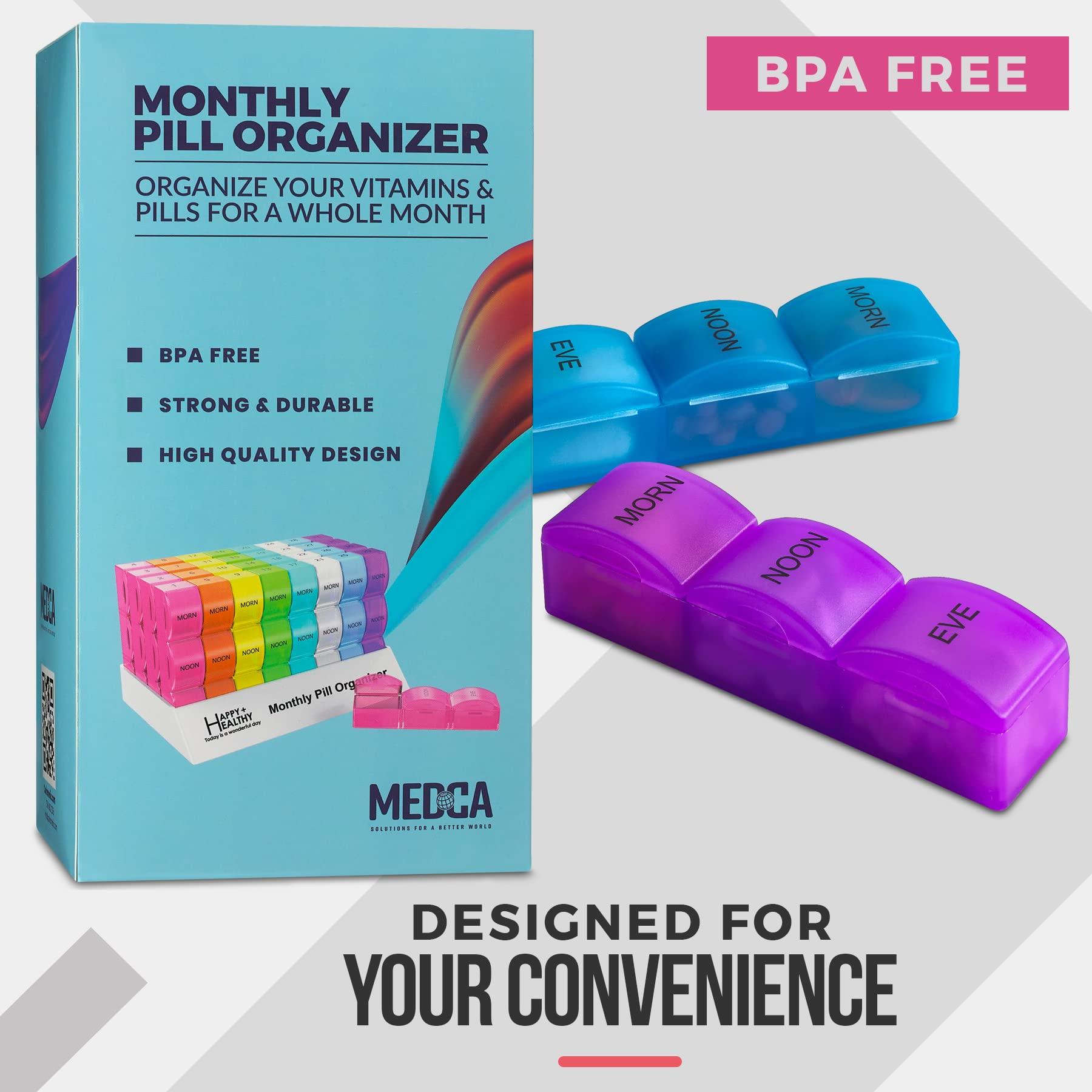 MEDca Month Pill Box Organizer - 3-Times-A-Day | Morning-Noon-Night - 30 Day Pill Case with 32 Daily Compartments for Vitamins, Supplements, Medication - Travel Monthly Pill Organizer 3 Times A Day