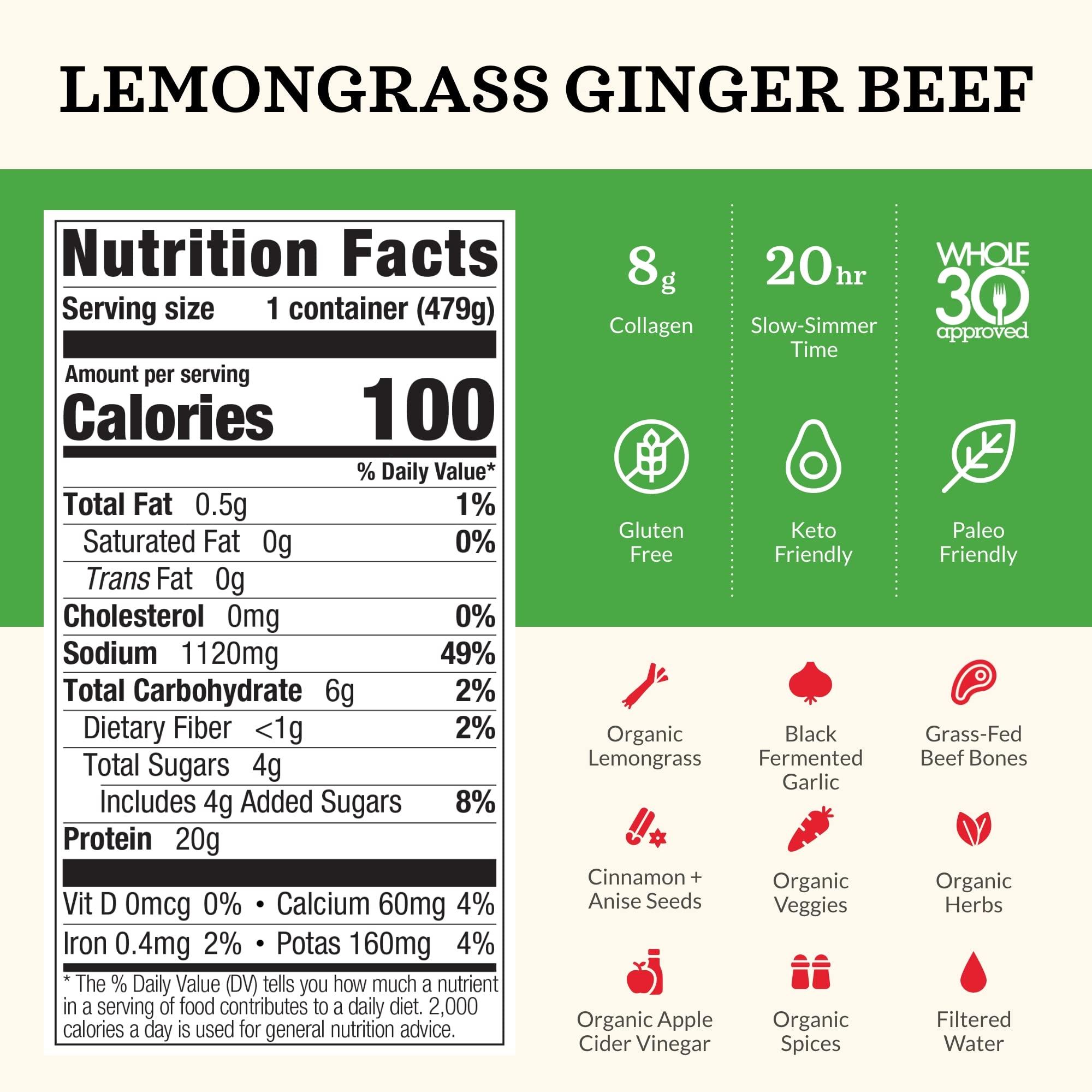 Kettle & Fire Kettle and Fire Lemongrass Ginger Beef Bone Broth, Keto, Paleo, and Whole 30 Approved, Gluten Free, High in Protein and Collagen, 6 Pack