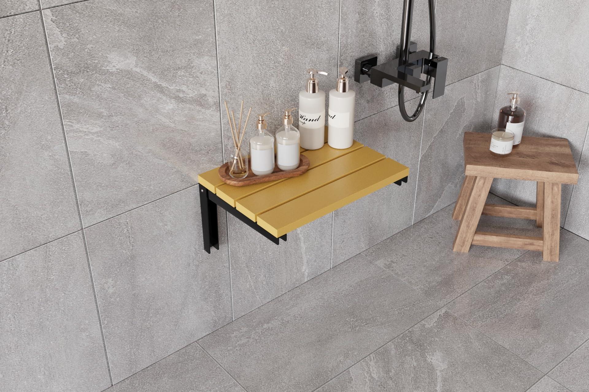 violet art home Folding Natural Solid Wood Shower Seat, Foldable Shower Bench, Wall Mounted Folding Wooden Shower Stool, Inside Shower Seat for Seniors Disableds Pregnants, Handmade Fold Down Shower Seat (Gold)