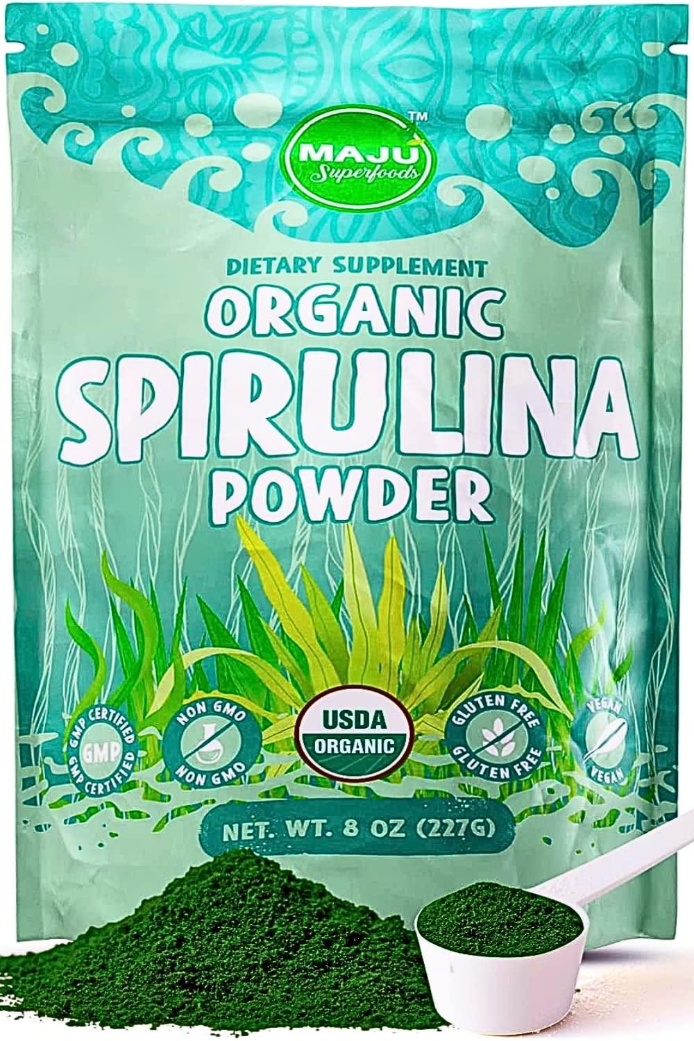 Maju Superfoods MAJU's Organic Spirulina Powder .5 lb, Microcystin Free, Non-Irradiated, Preferred to Chlorella, Preferred to Hawaiian & Blue Algae, Pure Vegan Green Protein