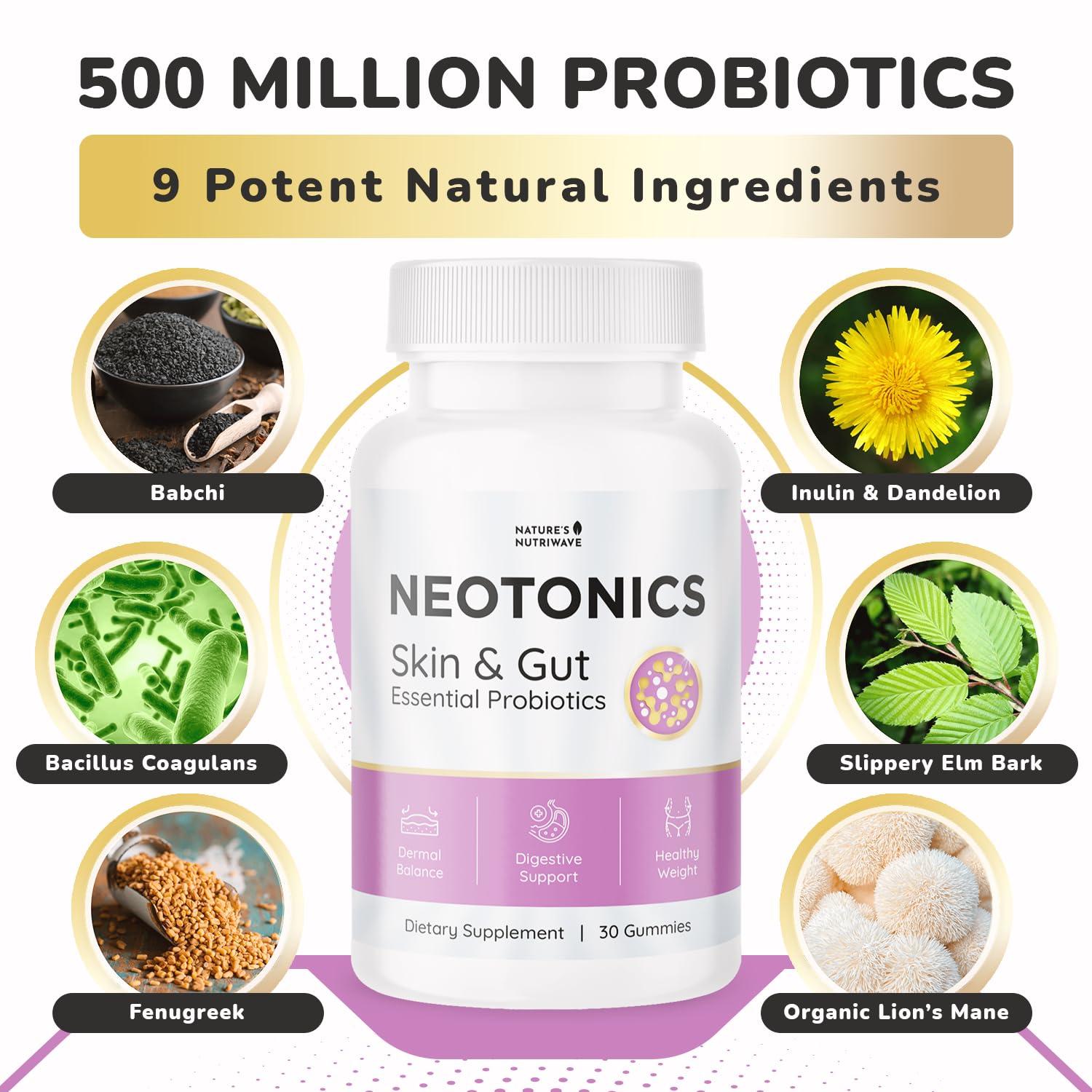 Natures NutriWave Neotonics Skin and Gut Gummies - 100% Natural Probiotic Gummies, Chewable Probiotics for Digestive Health & Skin Health, Daily Probiotics for Women & Men - Apple Flavor, 30 Gummies, 1 Month Supply