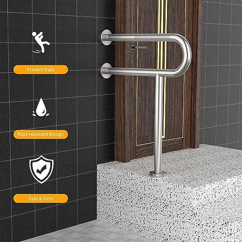 YuanDe Toilet Grab Bar 23.4 Inch, YuanDe Wall to Floor Brushed Nickel Bathroom Safety Bar w/Anti-Slip Knurled Grip, Stainless Steel Handicap Grab Bar with Leg,Support Bar for Disabled Elderly Pregnant