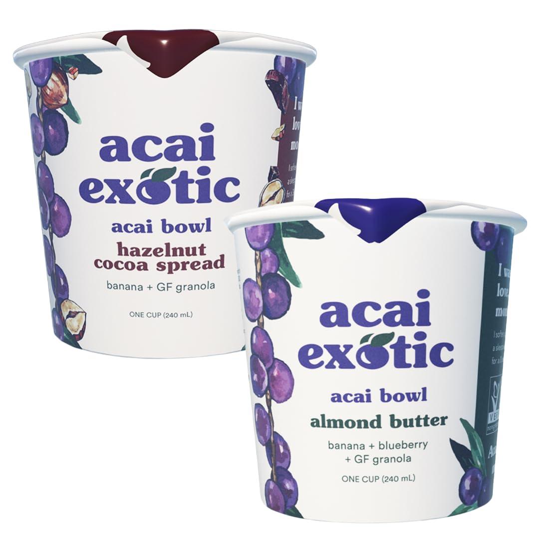 Acai Exotic Acai Bowl - 4 bowl pack - Breakfast or Snack To Go Bowls with Whole Blueberries, Coconut Cream, Whole Grain Oats & Banana Slices, 2 Almond Butter, 2 Hazelnut Cocoa Spread, 8oz RTE acai bowls