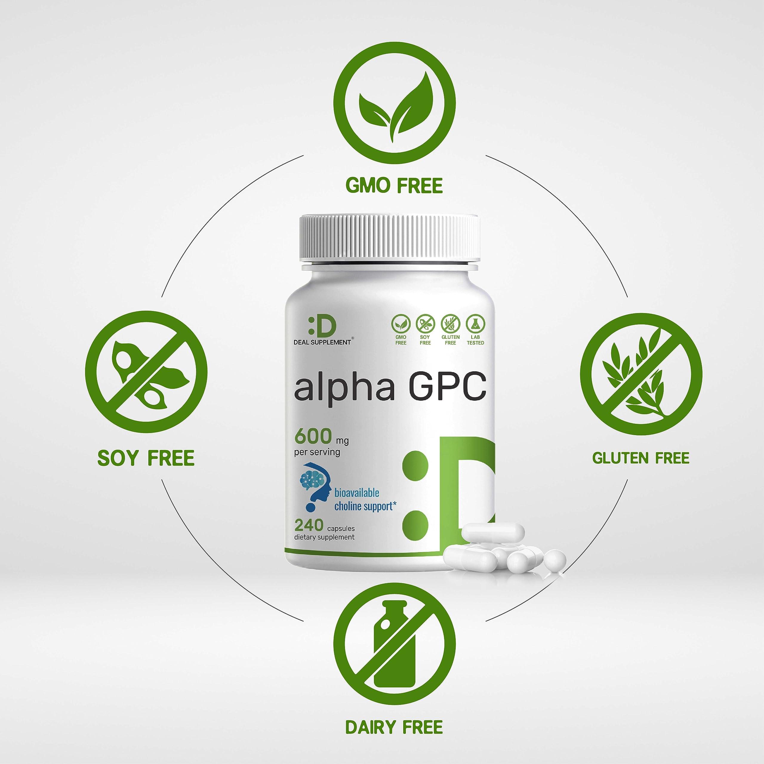DEAL SUPPLEMENT DEAL SUPPLEMENT Alpha GPC 600mg Per Serving, 240 Capsules Bioavailable Choline Replenishment Nootropic Brain Health Supplements for Memory and Focus Non-GMO, Gluten Free