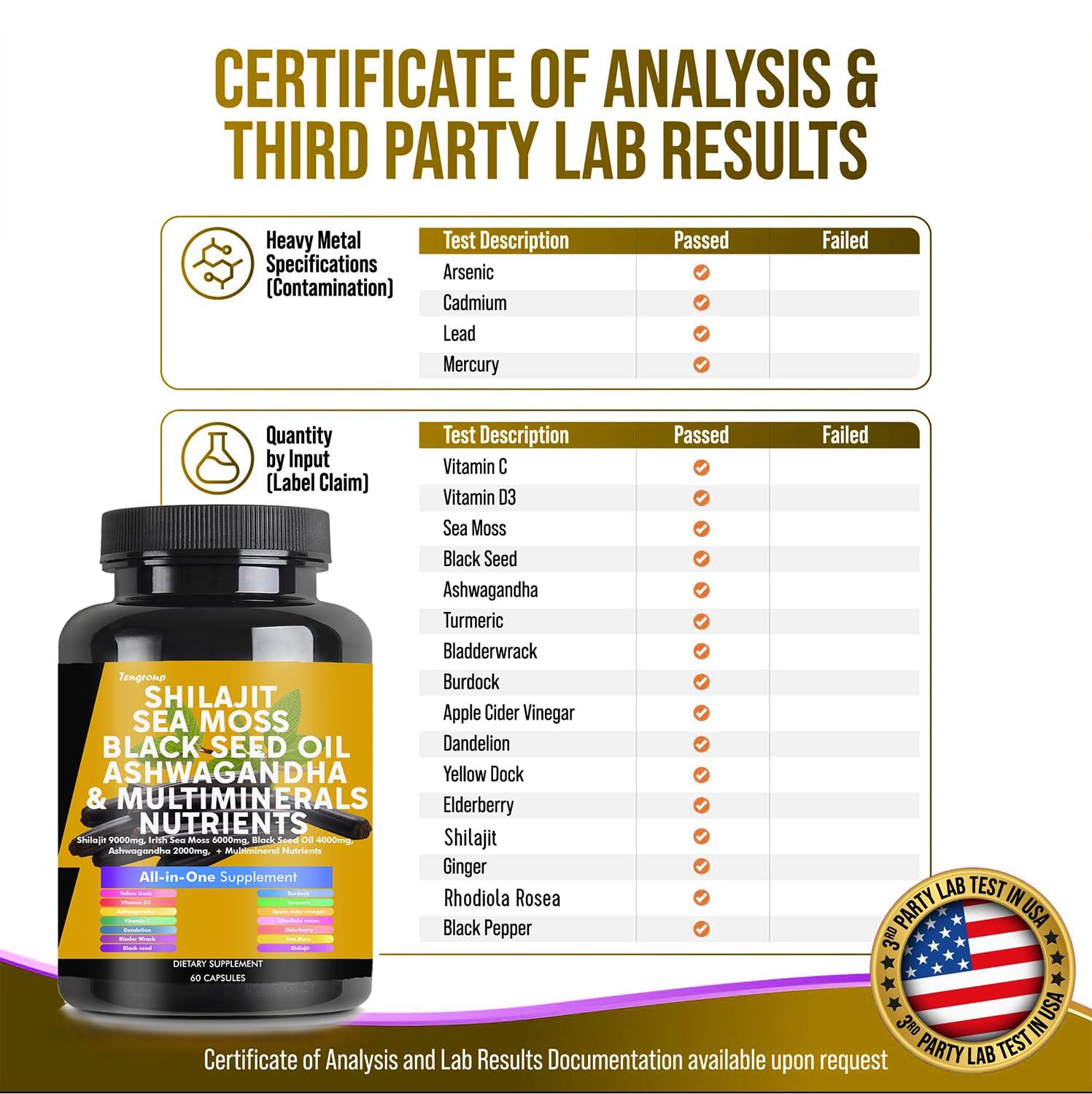 Tengroup Shilajit 9000mg Sea Moss 6000mg Black Seed Oil 4000mg Ashwagandha 2000mg Burdock 1000mg & Vitamin C & D3 with Elderberry rhodiola rosea Dandelion Yellow Dock Turmeric ACV