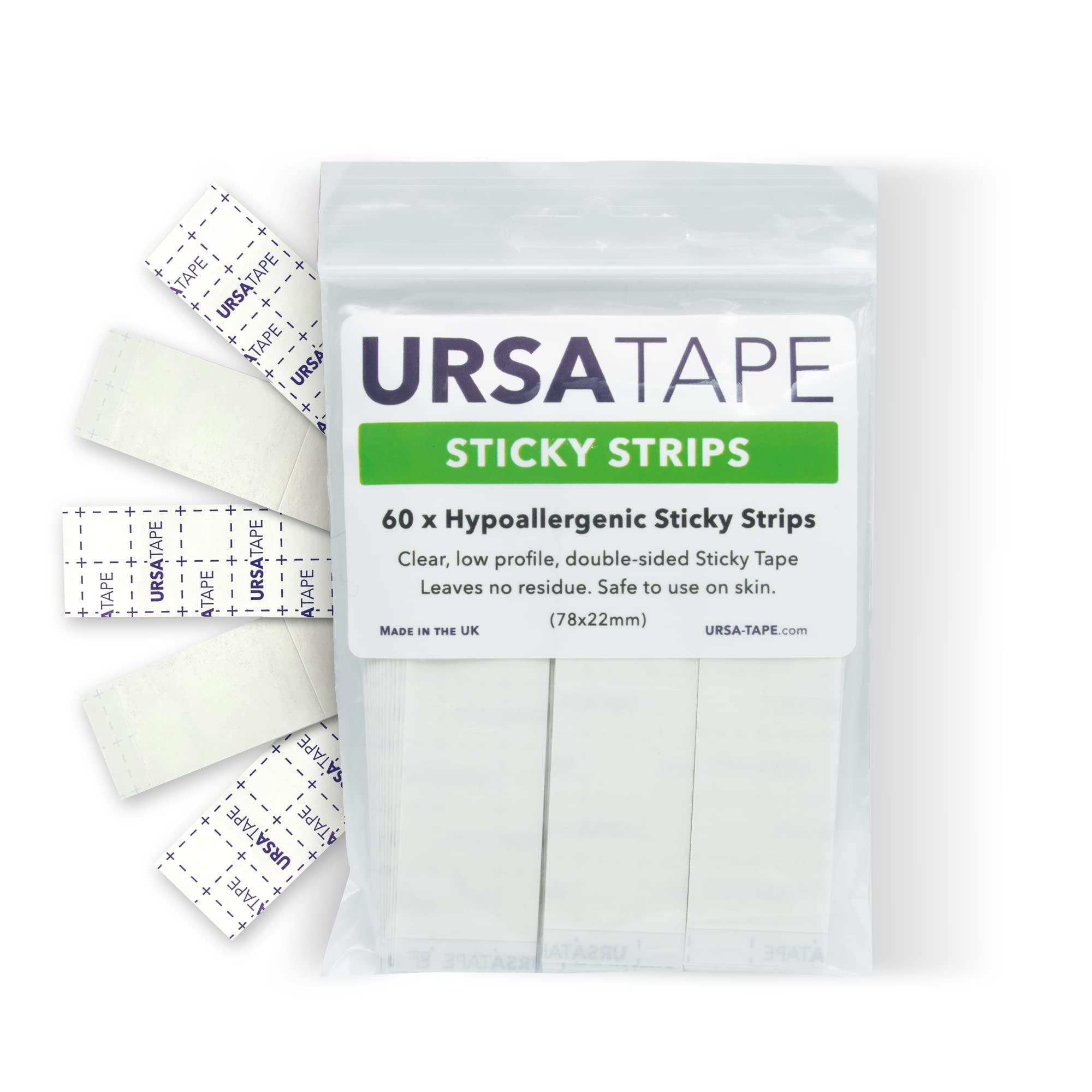 URSA Straps URSA Tape Sticky Strips No-Residue Clear Hollywood Fashion Tape for Women Double Sided | for Costumes, Dresses, Shoes & More | Body Tape for Delicate Skin, Double Sided Fabric Tape for Clothes 60 Pack