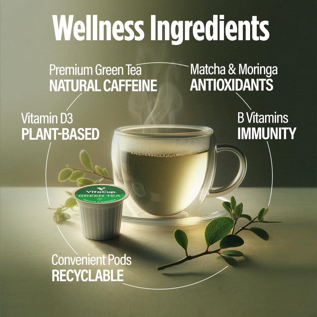 VitaCup VitaCup Green Tea Pods, Enhance Energy & Detox with Matcha, Moringa, B Vitamins, D3, Keto, Paleo, Vegan, Recyclable Single Serve Pod, Compatible with Keurig K-Cup Brewers,32 Ct