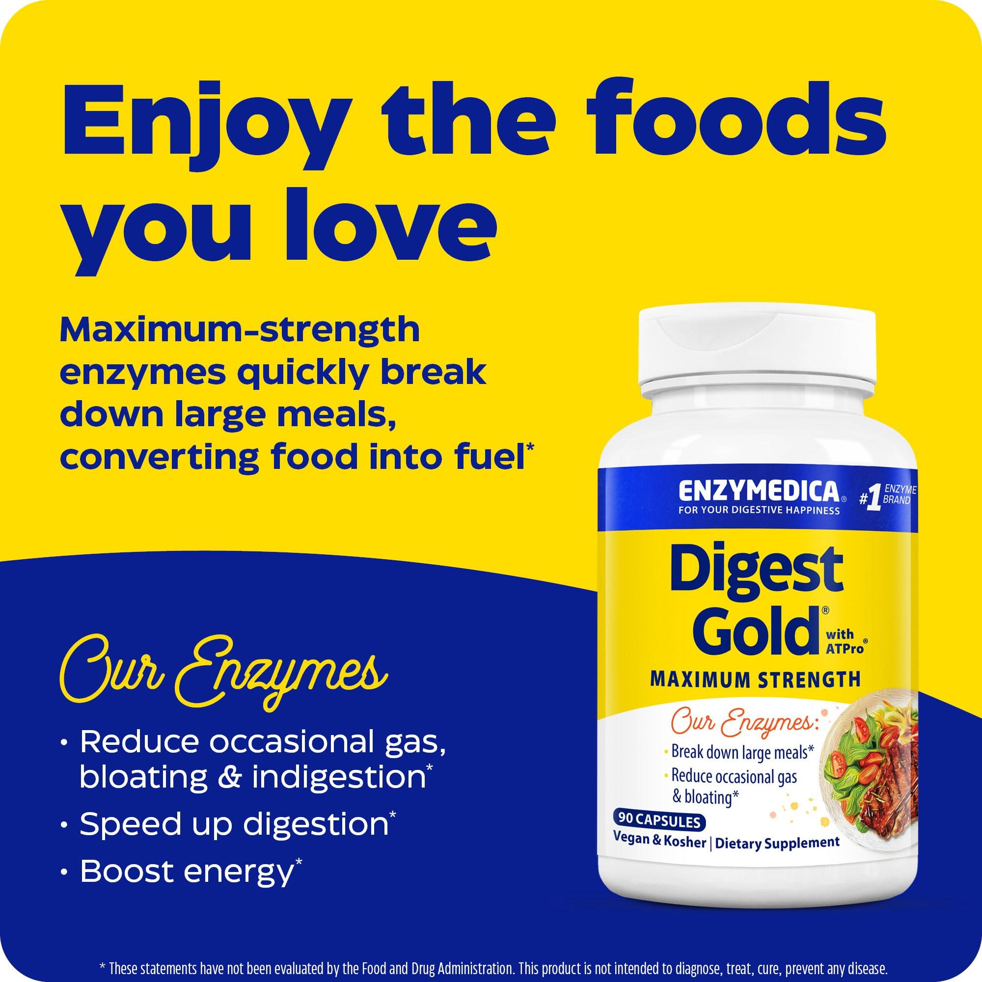 Enzymedica Enzymedica Digest Gold + ATPro Maximum Strength Digestive Enzymes | Prevents Bloating Gas & Indigestion, Natural Digestion Support, Multi Enzyme Amylase, Protease, Lipase & Lactase, 90 Capsules