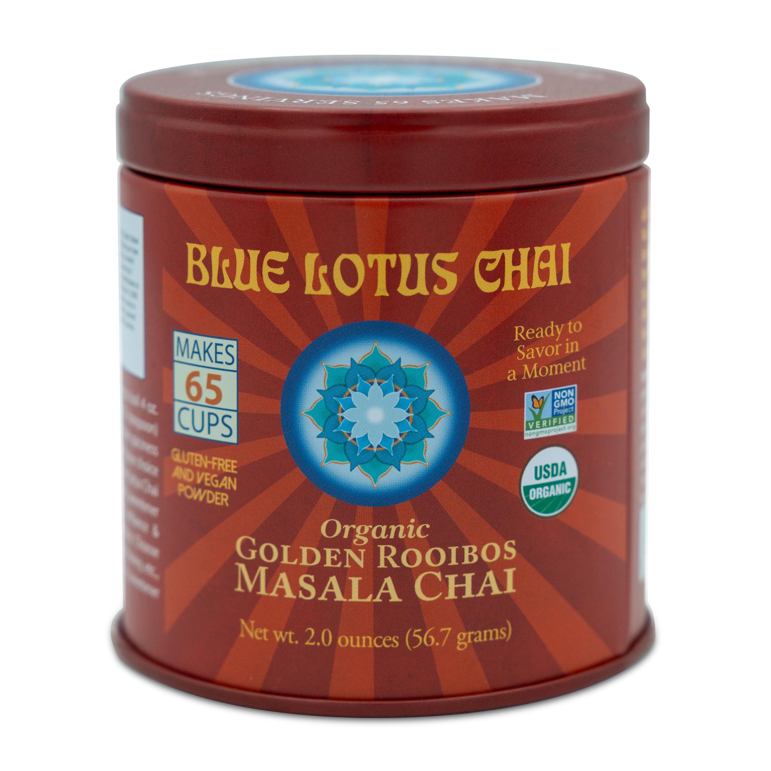BLUE LOTUS CHAI Blue Lotus Chai - Golden Rooibos Flavor Masala Chai - Makes 65 Cups - 2 Ounce Masala Spiced Chai Powder with Organic Spices - Instant Indian Tea No Steeping - No Gluten