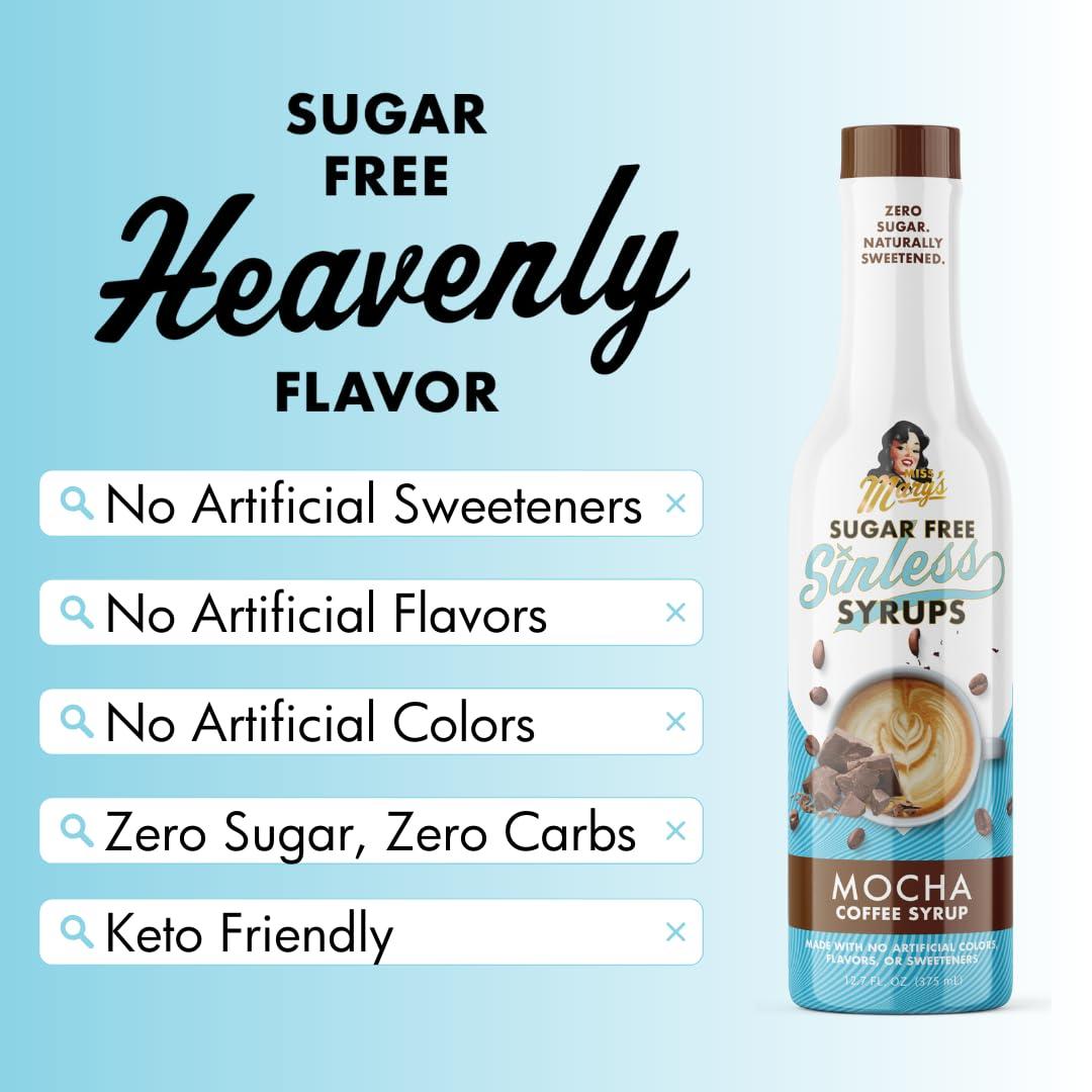 Miss Mary's Sugar Free Sinless Syrups Sugar Free Mocha Sinless Syrup - Sugar Free Coffee Syrup, Hot or Iced Coffee, No Sugar, Keto Friendly, Plant Based, Natural & Organic Ingredients, No Artificial Sweetener, Mocha, 1 Pack