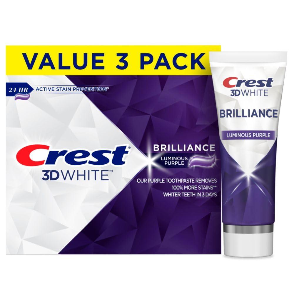 Crest Crest 3D White Brilliance Luminous Purple Teeth Whitening Toothpaste, 4.6 oz Pack of 3, Anticavity Fluoride Toothpaste, Fights 100% More Surface Stains, 24 Hour Active Stain Prevention