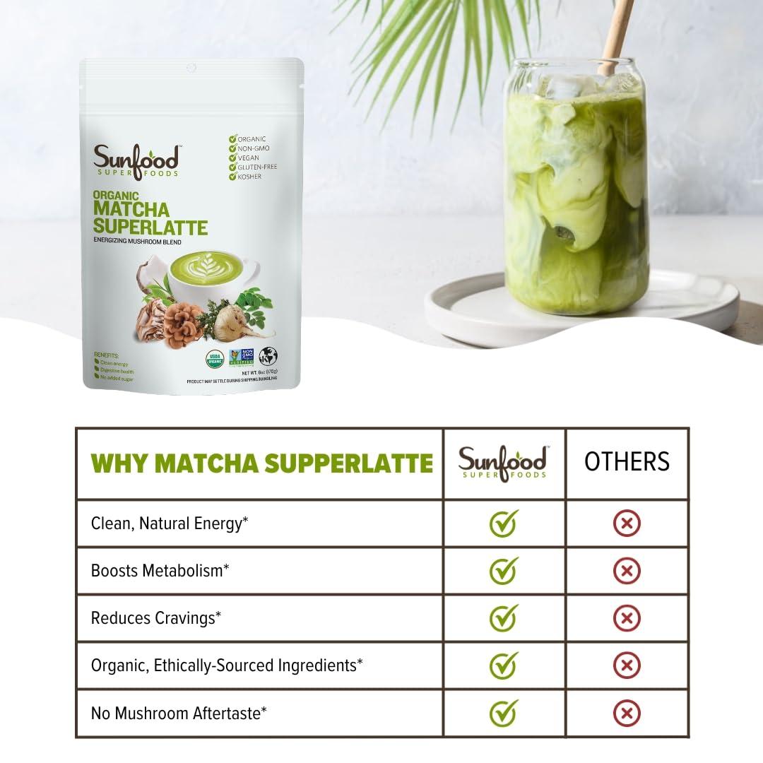 Sunfood Superfoods Sunfood Matcha Superlatte | Organic Matcha Latte - All Natural Superfoods + Adaptogens | 1 Pack, 6oz Bag | Healthy Coffee Substitute | Vegan, Non-GMO, Gluten-Free