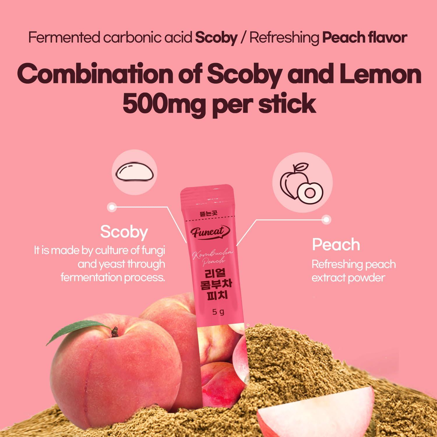 Funeat Funeat Real Kombucha Peach Flavor, Zero Sugar, Sparkling Fermented Powered Mix Beverage from Korea, 30 Sticks, 5 Ounce