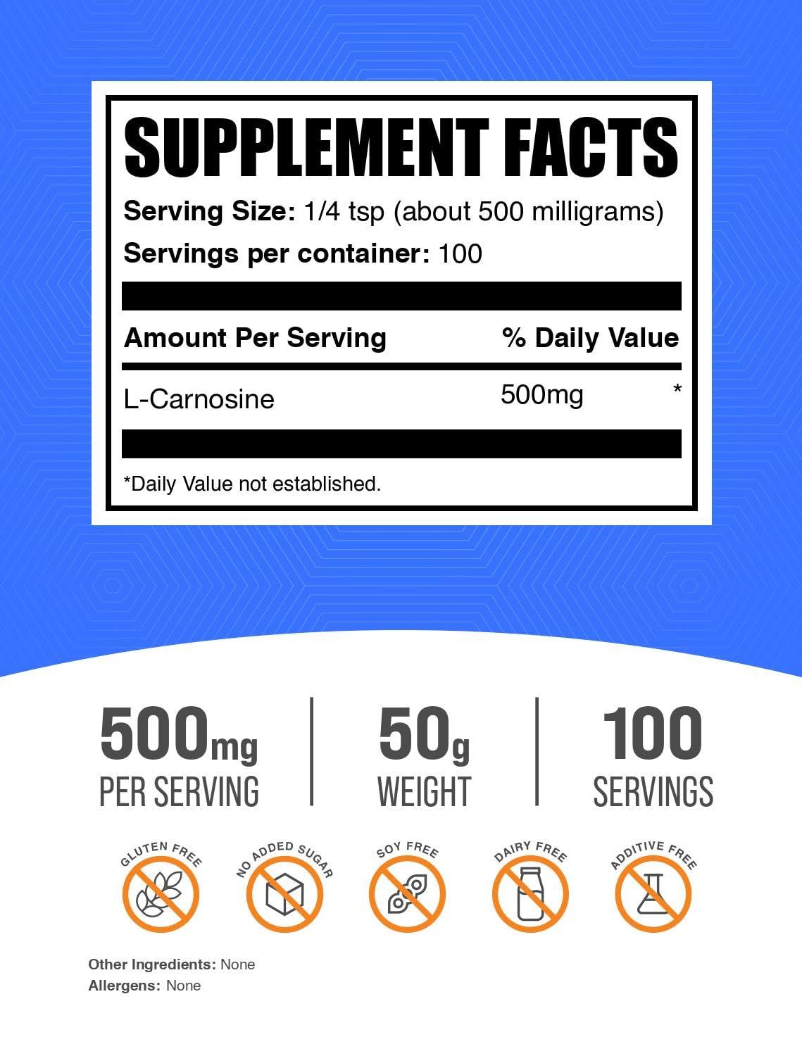 BulkSupplements BulkSupplements.com L-Carnosine Powder - Carnosine Supplement, Carnosine 500mg - Amino Acid Supplement, Gluten Free, 500mg per Serving, 50g (1.8 oz) (Pack of 1)