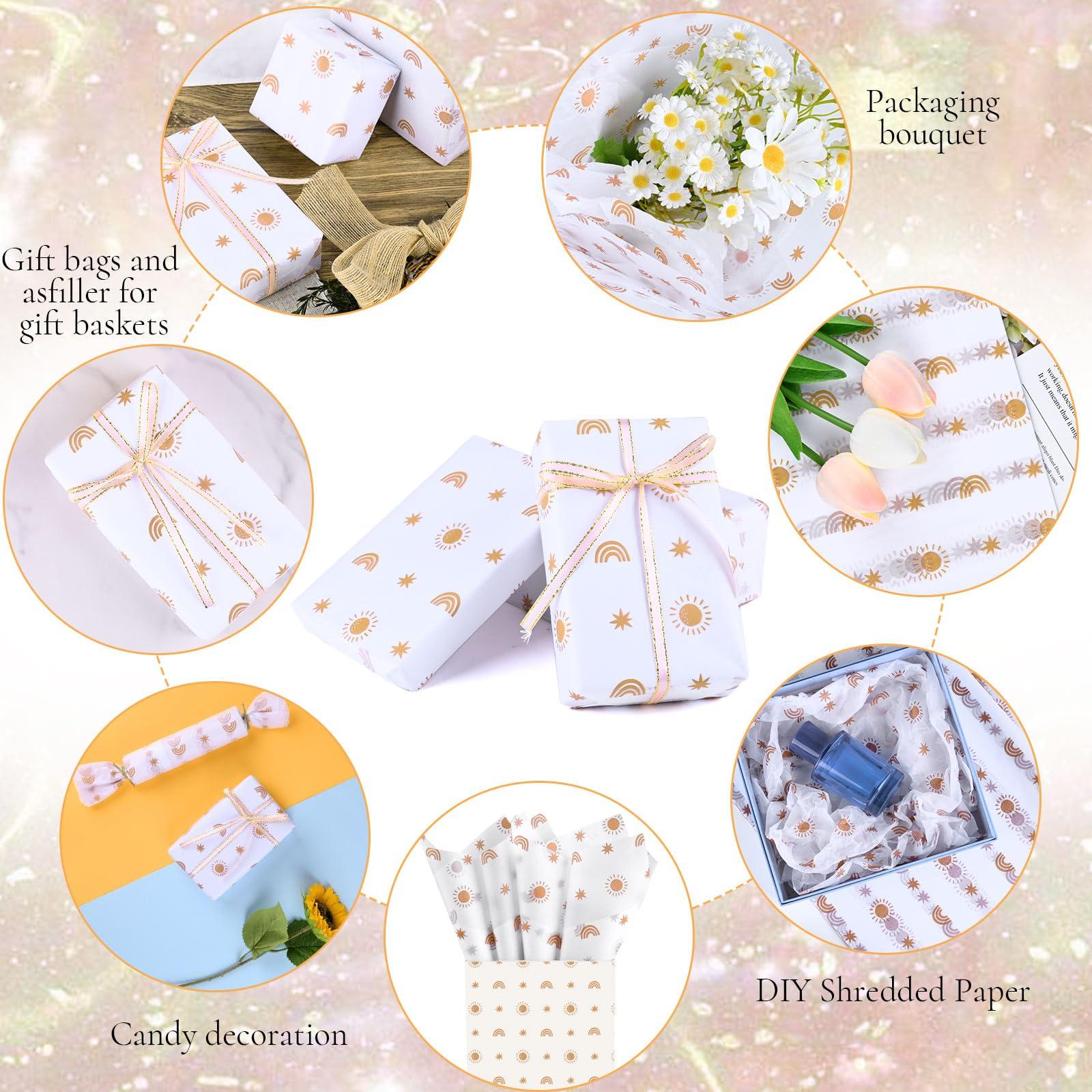 Bolsome 100 Sheets 20 * 14 Inches Sunshine Boho Rainbow Tissue Paper for Gift Wrapping Boho Wrapping Paper Printed Pastel Tissue Paper Bulk for Gift Bags for Birthday Wedding Baby Shower DIY Craft