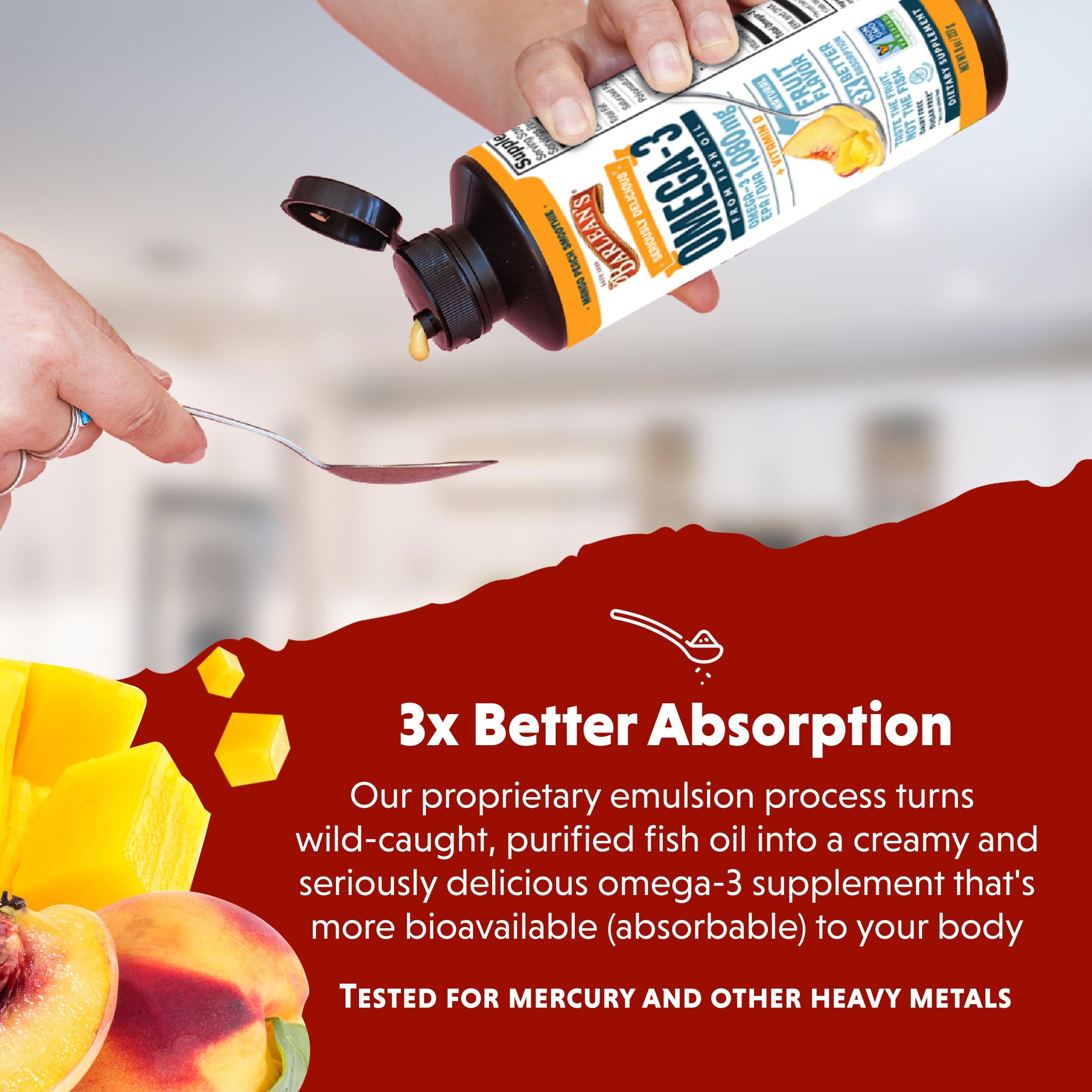 Barlean's Organic Oils Barlean\'s Mango Peach Omega 3 Fish Oil Liquid Supplement with Vitamin D, 1080mg EPA & DHA Fatty Acid, Smoothie Flavored & Burpless for Brain, Joint, & Heart Health, 8 oz