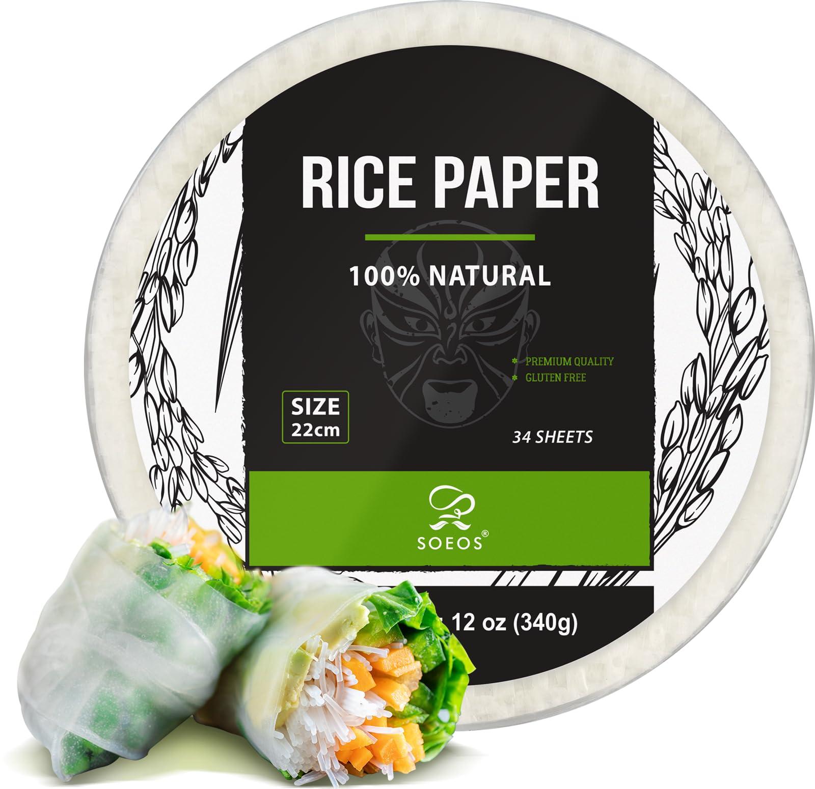 Soeos Soeos Rice Paper, White Rice Paper Wrappers, 1 Pack, 34 Sheets-Fresh Spring Roll Wrappers & Dumplings, Non-GMO, Gluten-Free, Low Carb, Vietnamese Rice Wraps (Round, 22cm)