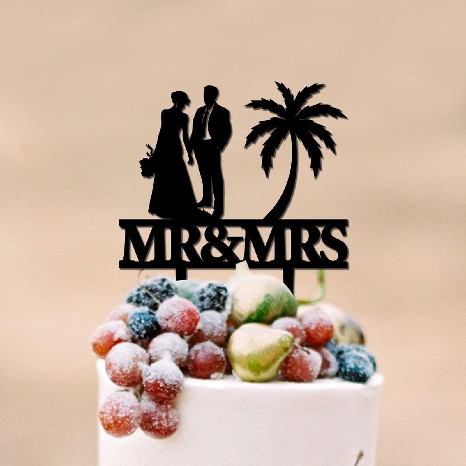 UanMere Cake Toppers Personalized Beach Theme Wedding Cake Toppers with Last Name Black Acrylic Anniversary Cake Topper Mr And Mrs Engagement Cake Supplies Boho Gifts for Married