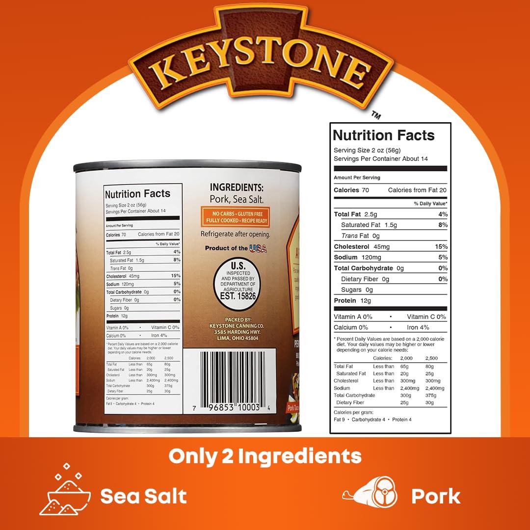 Keystone Keystone Meats All Natural Canned Pork 28 Ounce Long Term Shelf Life Emergency Survival Food Canned Meat | Fully Cooked Ready to Eat | No Water Added | Gluten Free No Carbs Family Pack of 12