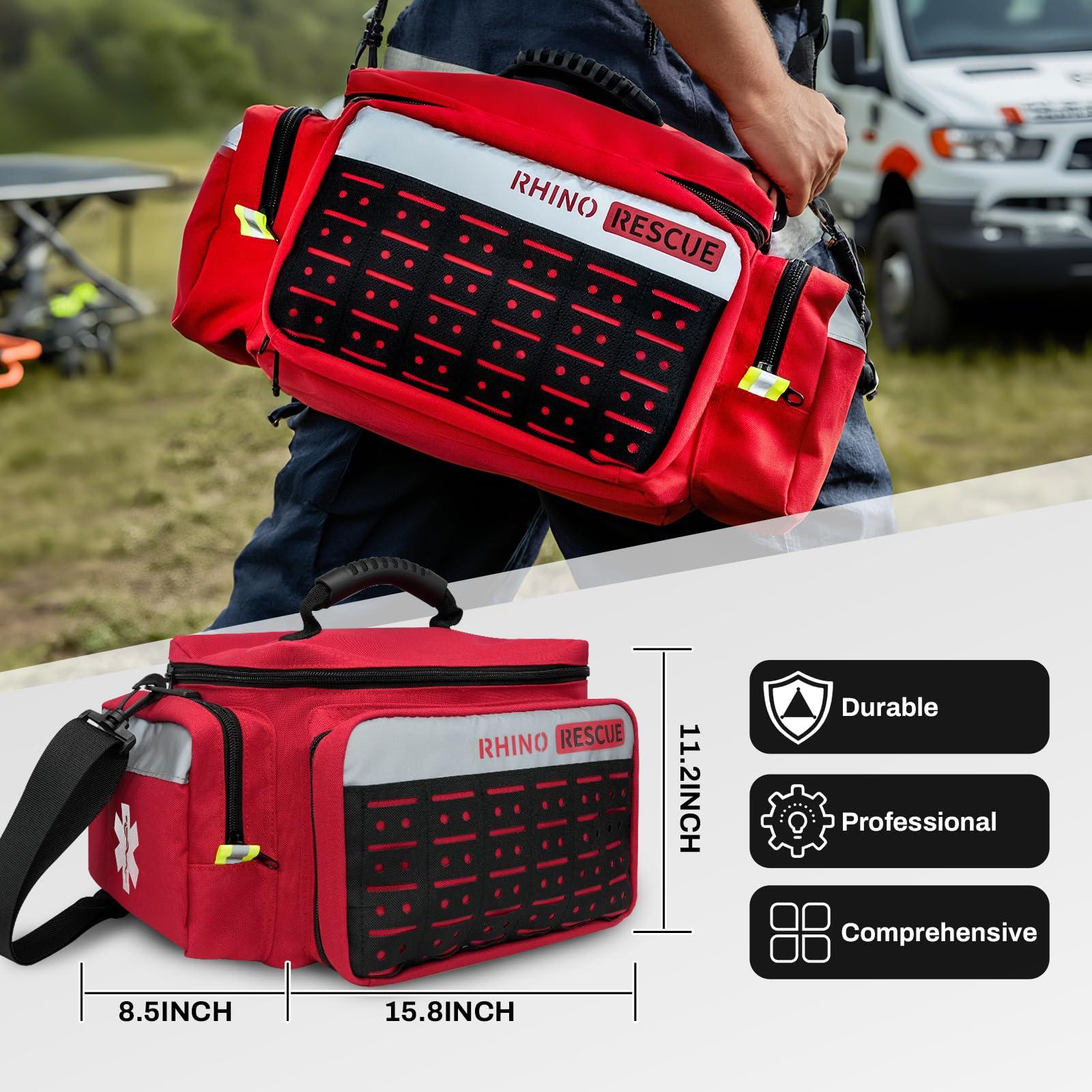 RHINO RESCUE RHINO RESCUE First Responder First Aid Kit Fully-Stocked EMT Bag, FSA HSA Eligible, Professional EMT/EMS Trauma Medical Kit, Molle System, Reflective Bag w/5 Zippered Pockets, 300+ First Aid Supplies