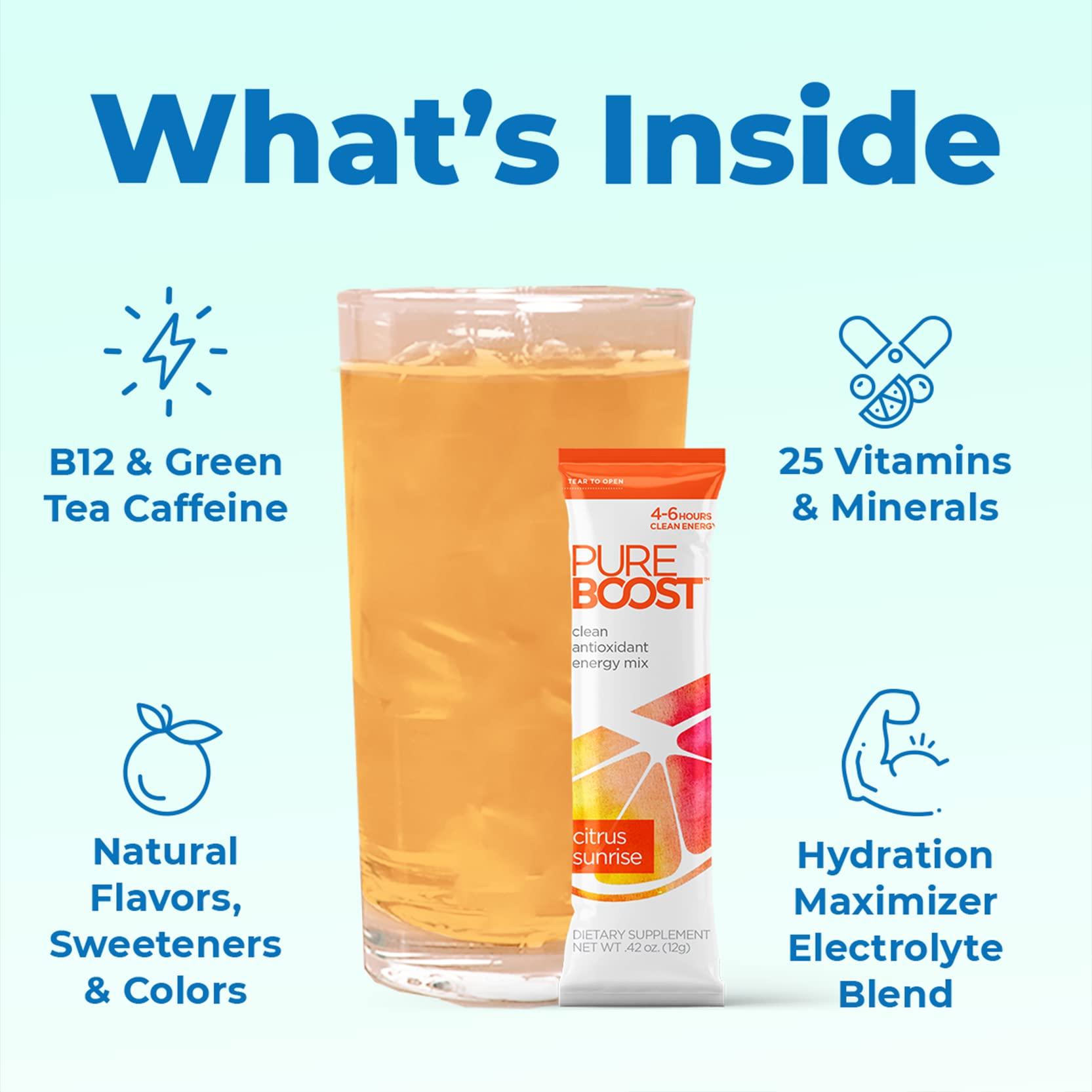 Pureboost Pureboost Clean Energy and Superfoods Bundle. 60 Stick Packs. B12, Vitamin C and more. Fruity Combo Pack + Green Mojo includes 7 Organic Supergreens.