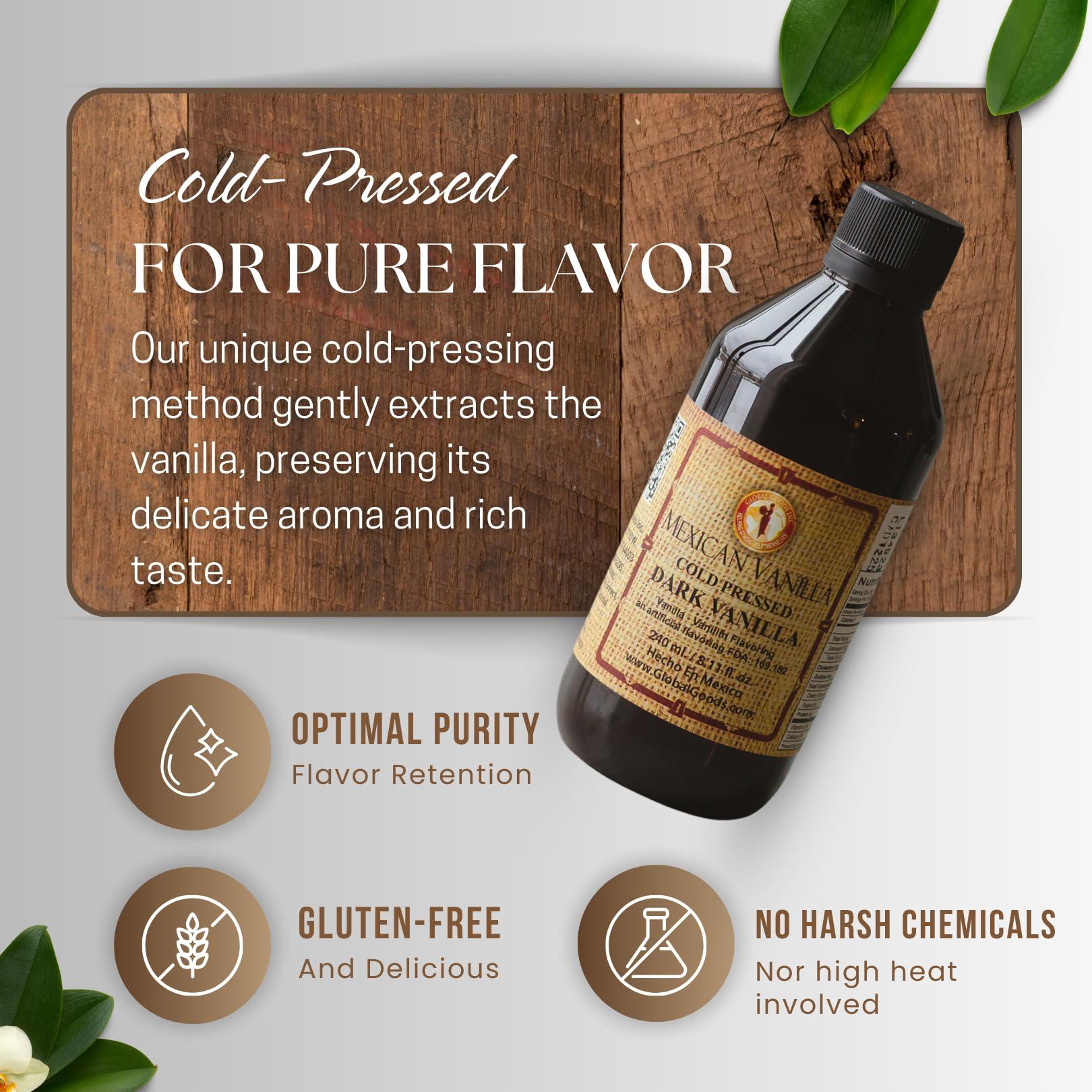 Global Goods Inc. Helping Others Help Themselv Pure Dark Mexican Vanilla Extract Gluten-Free Vanilla for Baking, Cakes, Cookies, Desserts, Coffee & Beverages (8.12 fl oz) Natural, No Coumarin, Bold Flavor