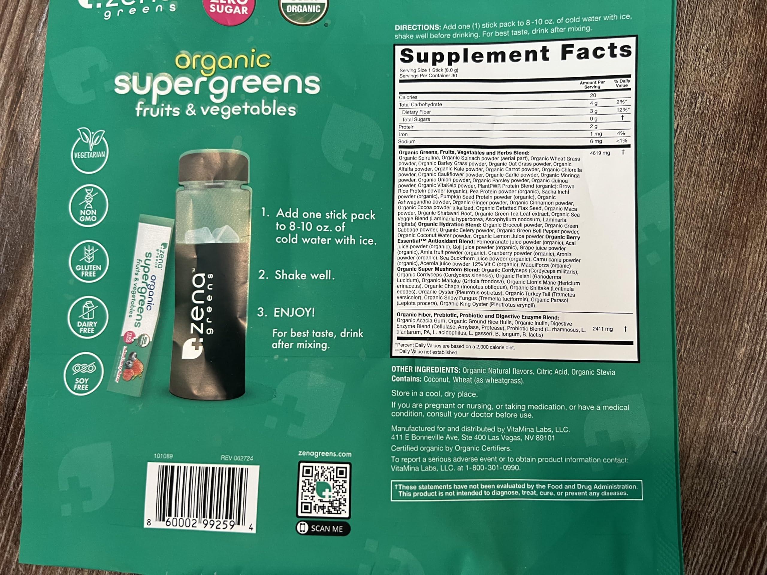 Zena Fit Nutrition Zena Organic Super Greens Powder, 70+ Superfoods Drink Mix, 0 Sugar, 3G Fiber, Fruits, Veggies, Spirulina, Chlorella, Antioxidants, Pre & Probiotics, Digestive Enzymes, Mixed Berry Flavor, 30 Packets