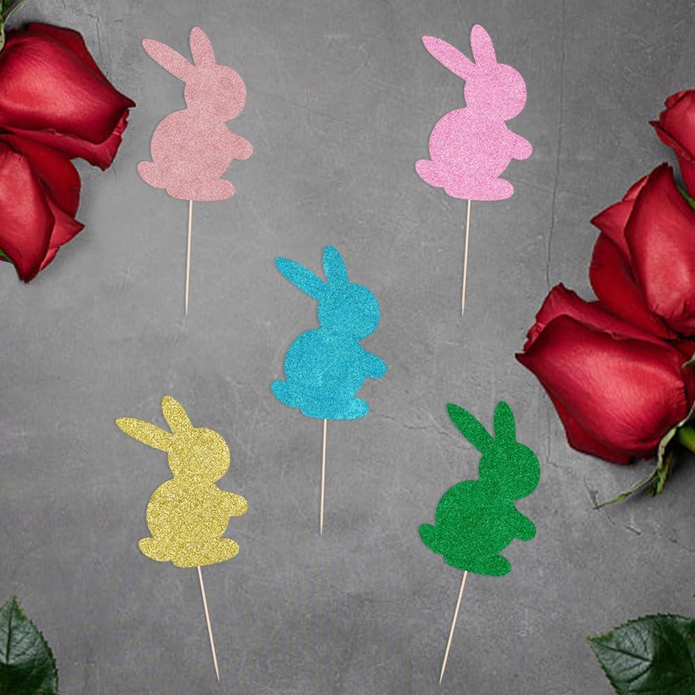 Sodasos Sodasos 25 Pack Easter Rabbit Cake Topper, Colour Happy Easter Bunny Happy Easter Cupcake Picks for Easter Spring Birthday Party Baby Shower Cake Decorations