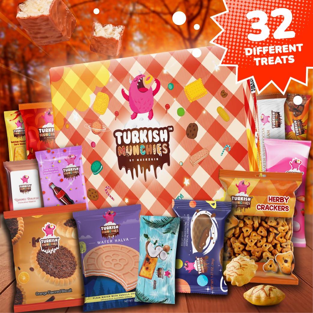Turkish Munchies by Muekzoin Mega International Snack Box | Premium Exotic Foreign Snacks | Unique Snack Food Gifts Included | Try Extraordinary Turkish Snacks | Candies from Around the World | 32 Full-Size Snacks