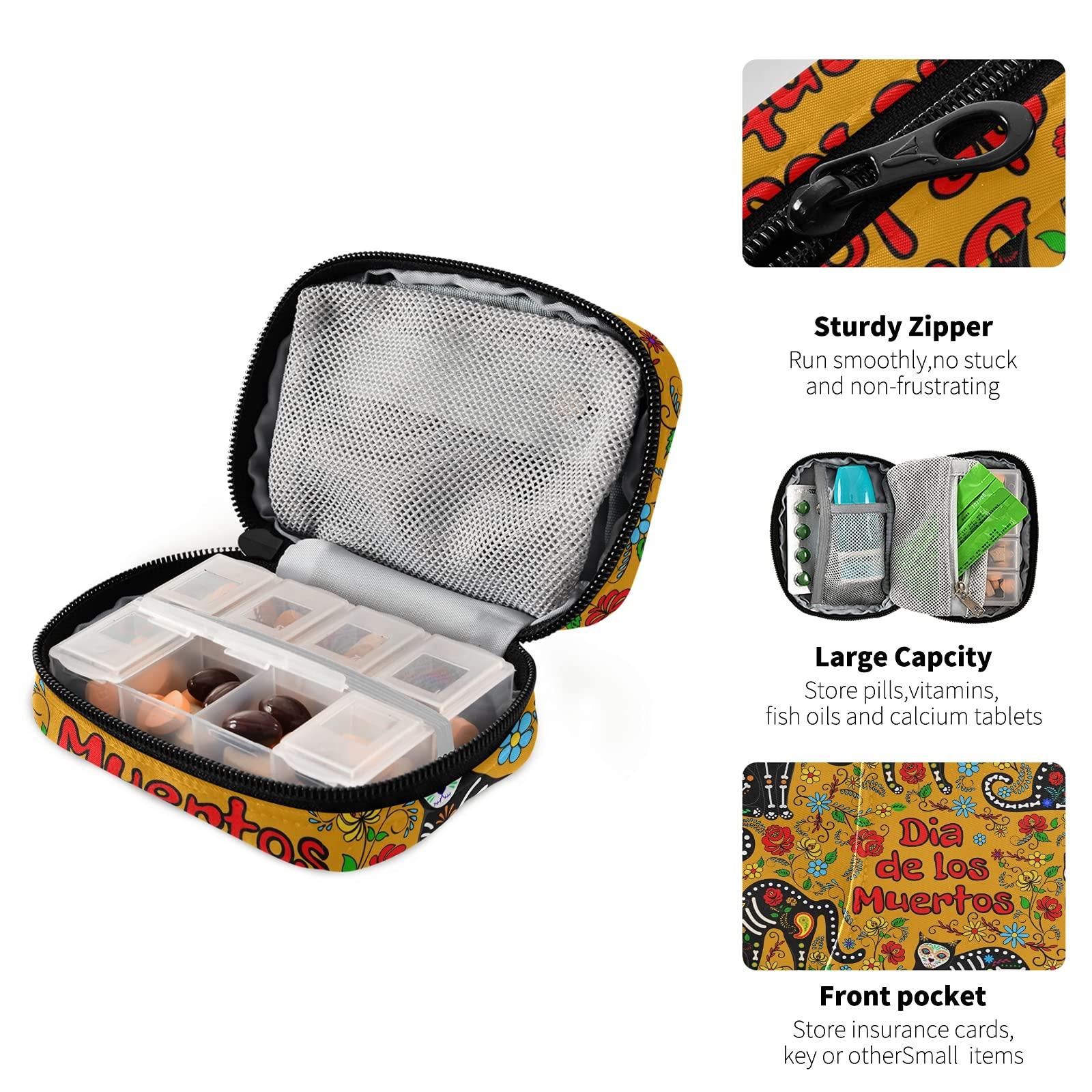 TropicalLife Travel Pill Case Bag Floral Day of The Dead Sugar Skull Cat Weekly Pill Box 8 Compartments 7 Day Individual Pill Case Purse Zippered Medicine Case Organizer