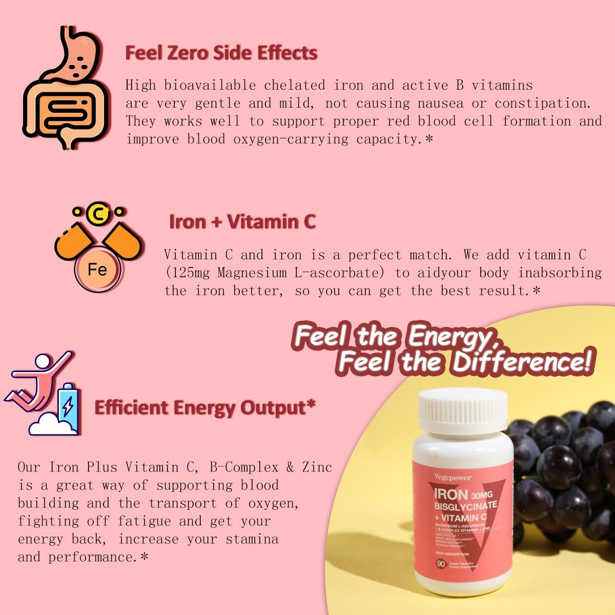 VEGEPOWER Iron Bisglycinate Supplement for Women & Men - 30mg Iron Pills with Vitamin C, B12, Folic Acid - Chelated Iron for Anemia, Blood Builder - High Absorption, Gluten-Free, Non-GMO - 60 Vegan Caps