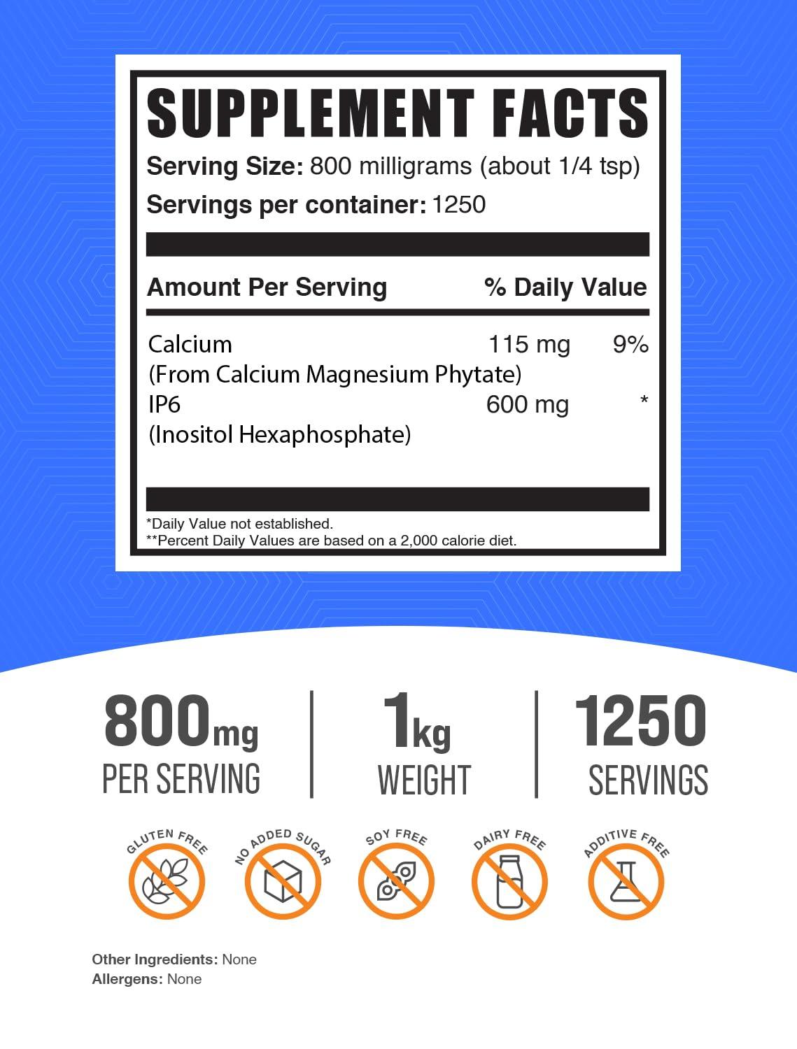 BulkSupplements BulkSupplements.com IP6 Powder - Inositol Hexaphosphate, IP6 Supplement - Inositol Supplement for Immune Support, Gluten Free, 800mg per Serving, 1kg (2.2 lbs) (Pack of 1)