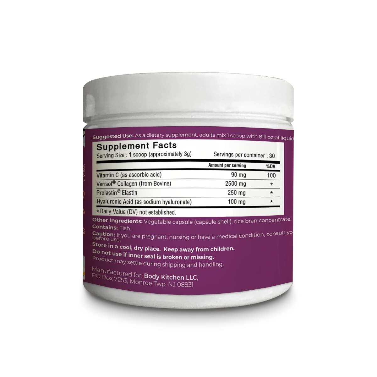 Body Kitchen Body Kitchen Collagen and 250 mg Elastin Supplement to Aid Signs of Aging, Support Skin Health & Elasticity, Fewer Wrinkles, Unflavored Powder, Tasteless, Odorless, Colorless, 30 Servings