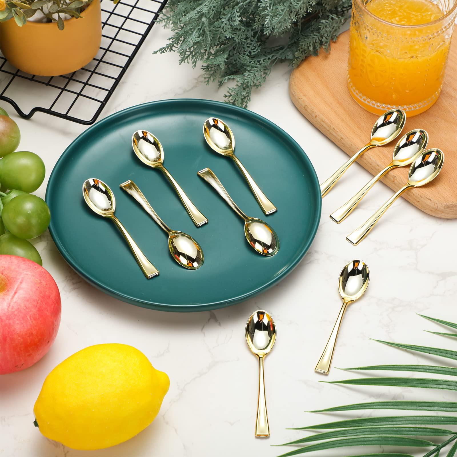 Mimorou 300 Pcs Disposable Mini Gold Spoons Bulk Plastic Gold Spoons Set 4 Inch Gold Dessert Spoons Small Plastic Serving Spoons Heavy Duty Plastic Tasting Spoons for Desserts Sampling or Appetizers