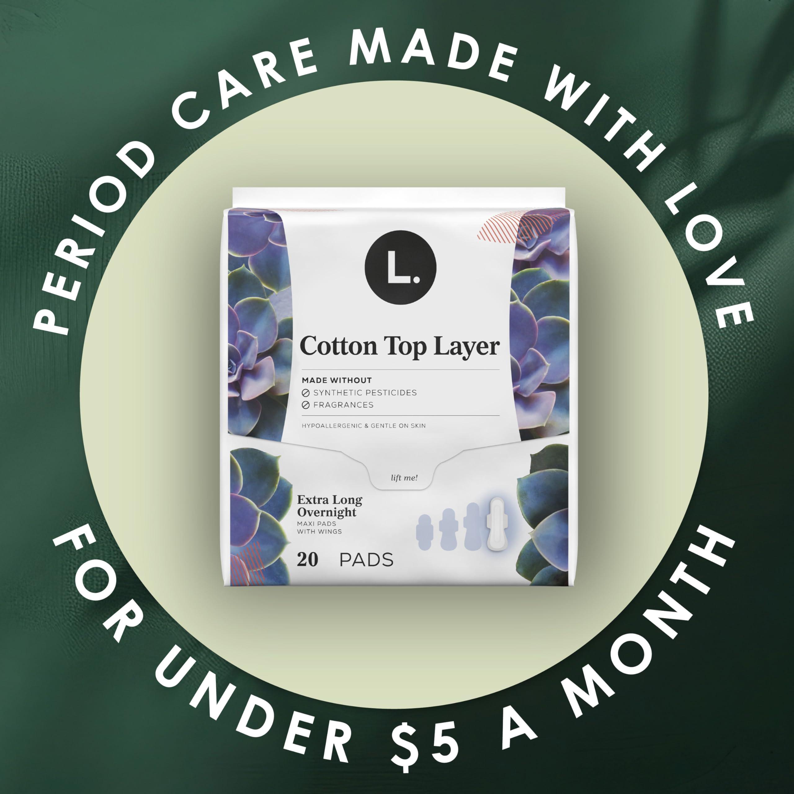L. L. Pure Cotton Topsheet Pads for Women, Extra Long Overnight Pads, Maxi Pads with Wings, Unscented Menstrual Pads, 28 Count x 2 Packs (56 Count Total) (Packaging May Vary)