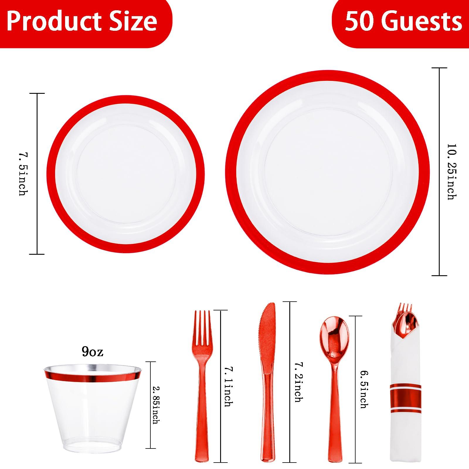 I00000 I00000 350 Pcs Clear and Red Plastic Plates,Valentines Disposable Dinnerware Set, Include 50 Dinner Plates 10.25\'\', 50 Dessert Plates 7.5\'\',50 Red Rim Cups,50 Per Rolled Napkins with Plastic Cutlery