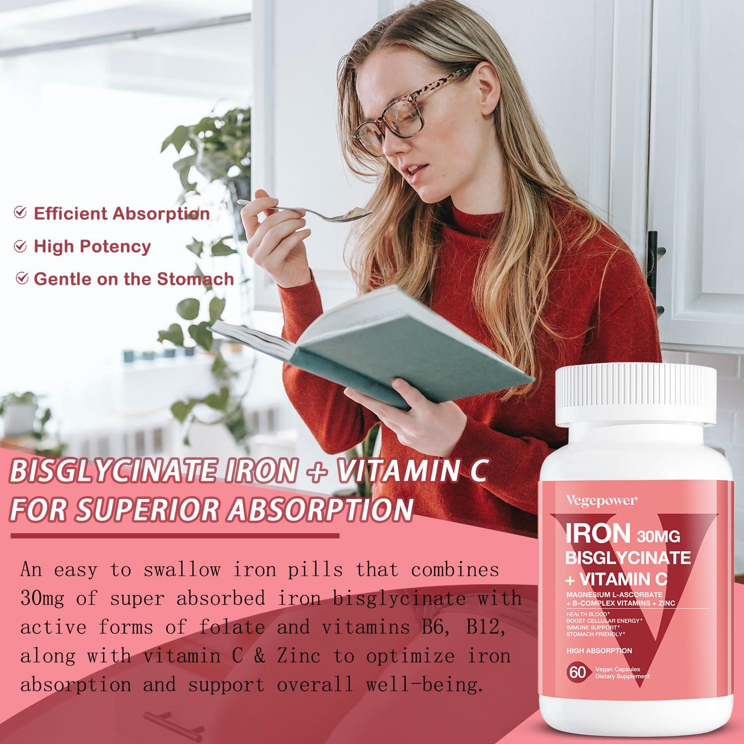 VEGEPOWER Iron Bisglycinate Supplement for Women & Men - 30mg Iron Pills with Vitamin C, B12, Folic Acid - Chelated Iron for Anemia, Blood Builder - High Absorption, Gluten-Free, Non-GMO - 60 Vegan Caps