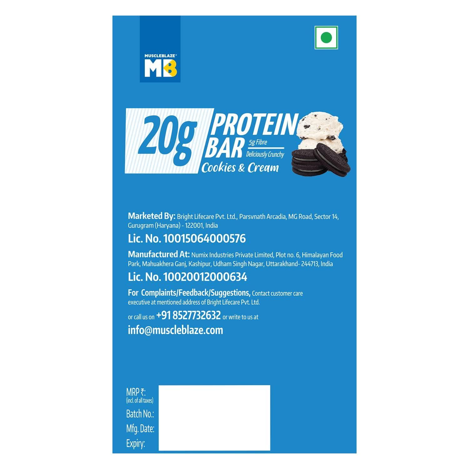 Generic 20 gram Protein Bar, Cookies & Cream, Protein Blend, Fibre, 100% Veg, Gluten-Free, Healthy Protein Snacks, For Energy & Fitness (Pack of 6)