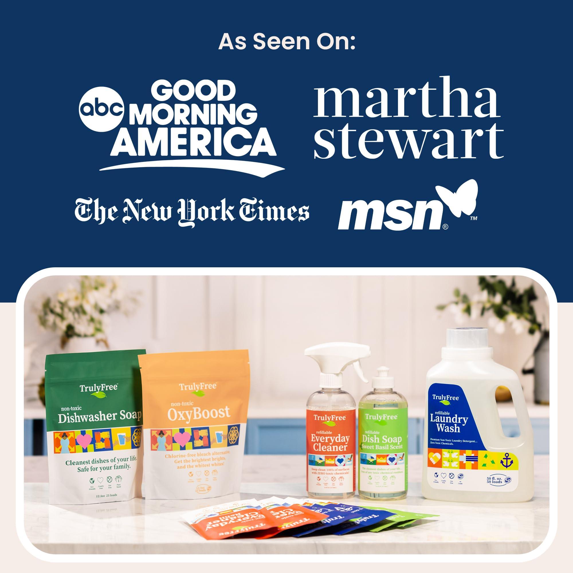 Truly Free Truly Free Natural Concentrated Dish Detergent Dishwashing Liquid | Plant-Based Dish Soap | Sweet Basil Fresh Scent | 2 Refill Packs with 1 Empty Refillable Squeeze Bottle (16 Oz)