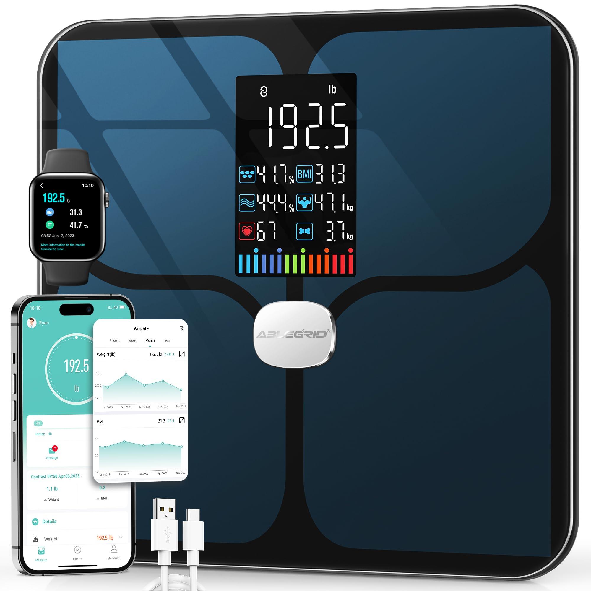 ABLEGRID ABLEGRID Body Fat Scale,Digital Smart Bathroom Scale for Body Weight, Large LCD Display Screen, 16 Body Composition Metrics BMI, Water Weigh, Heart Rate, Baby Mode, 400lb, Rechargeable