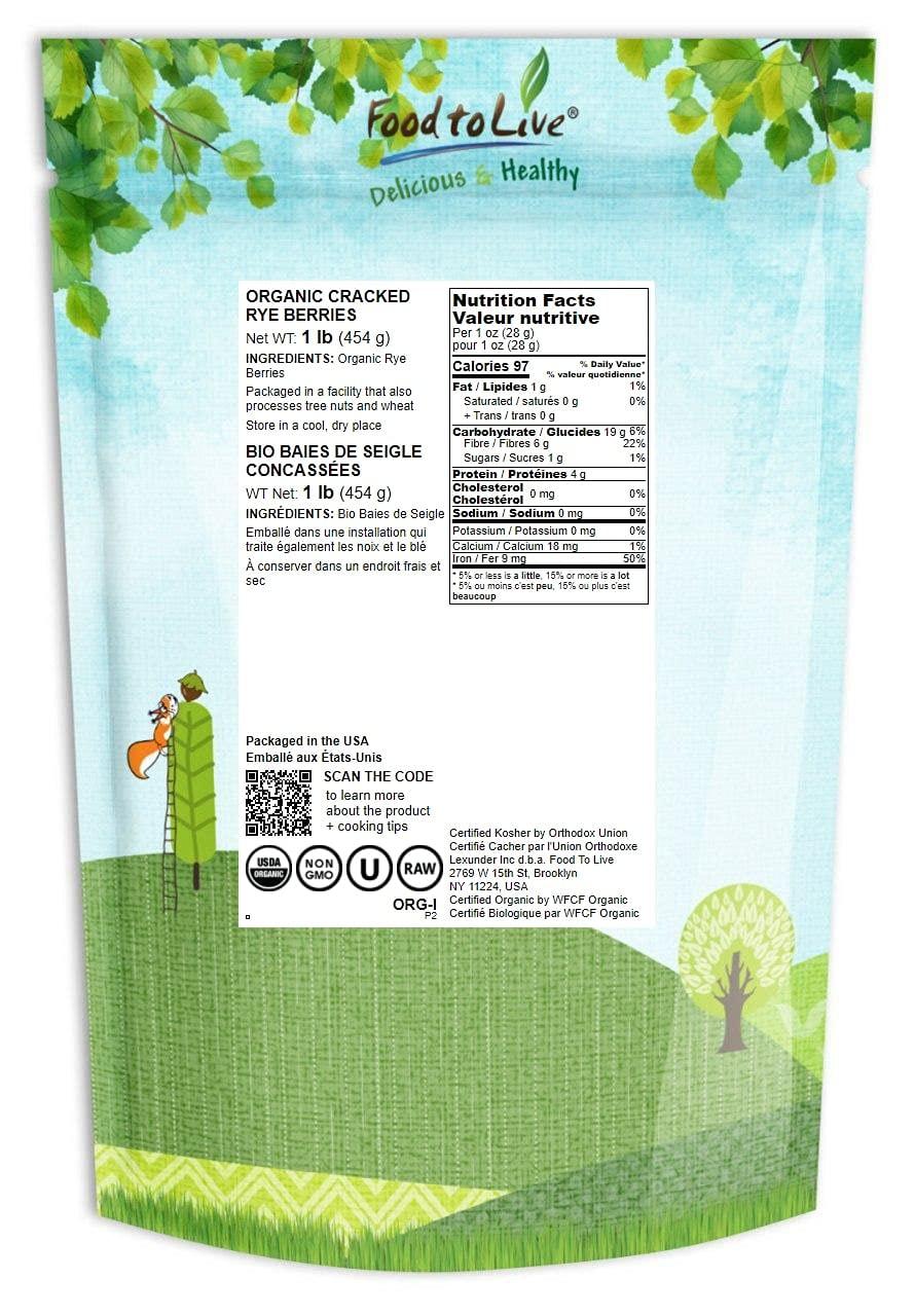 Food to Live Food to Live Organic Cracked Rye Berries, 1 Pound - Non-GMO. Crushed & Sifted Groats. Raw, Vegan, Kosher, Bulk. Broken Whole Grain, Great for Cereal & Porridge. Good Source of Fiber & Protein