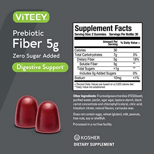 Viteey Prebiotic Fiber Gummies for Adults, 5g - Zero Sugar Added - Fiber Supplement Gummies for Digestive Health Regularity & Natural Weight Support - Vegan, Gelatin Free - Chewable Fruit Flavored Gummy