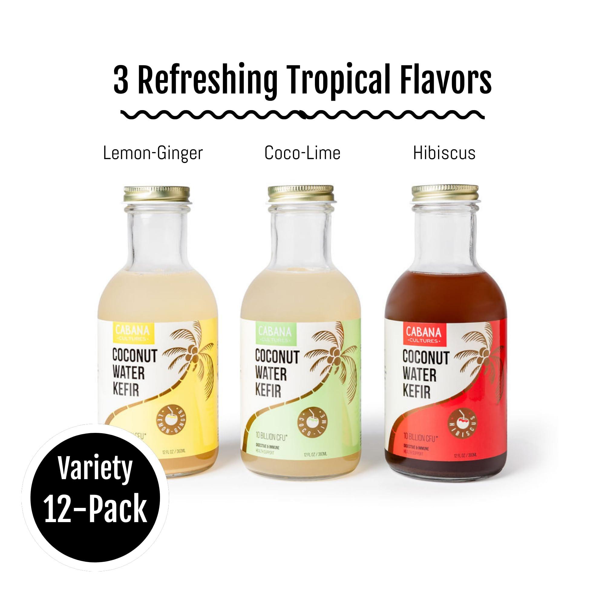 Cabana Cultures Cabana Cultures - Probiotic Coconut Water Kefir, Gut Health & Immunity Support, Hydration & Electrolytes, Vegan, Low Sugar (Variety Pack, 12-Pack)