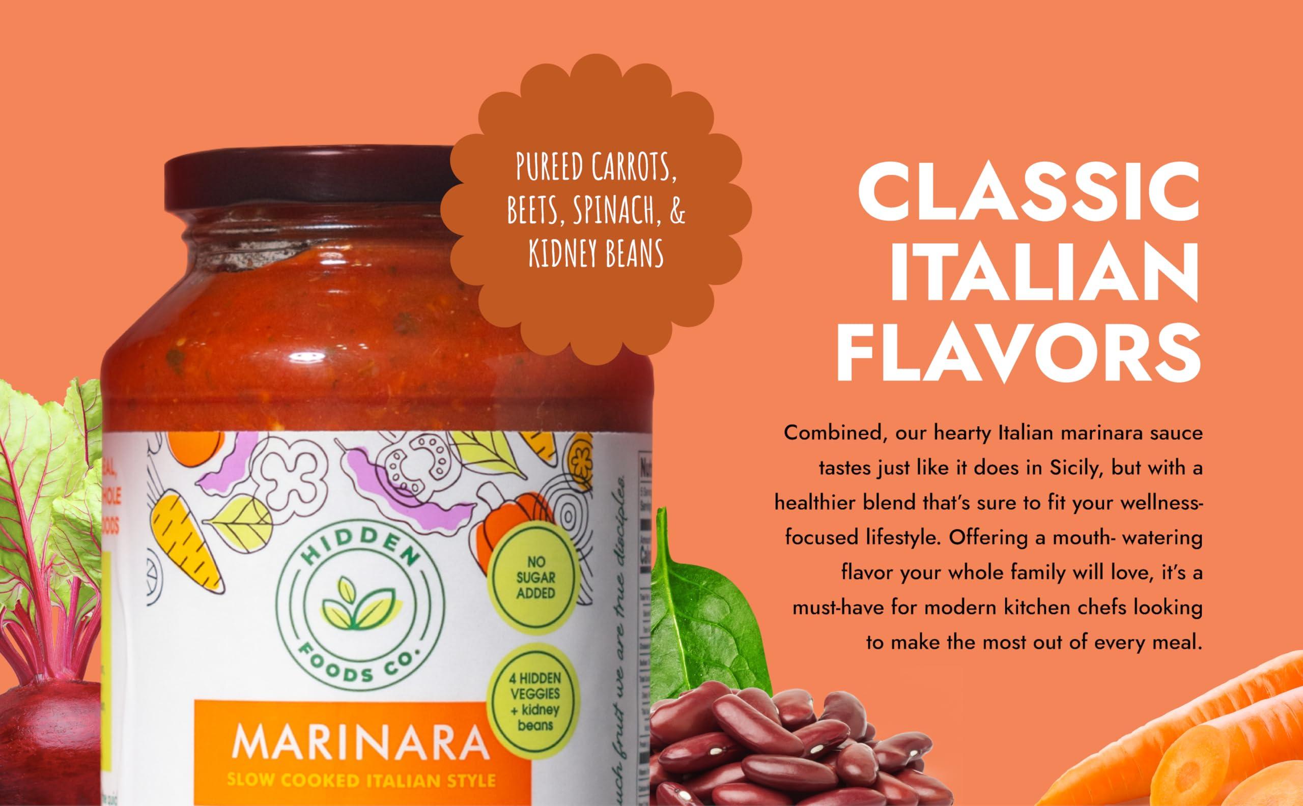 Hidden Foods Co. Hidden Foods Slow Cooked Marinara Sauce with Natural Vegetables, 24 oz. Jar, Low Carb and Low Sodium, No Sugar Added, Thick and Delicious Flavor for Pasta, Pizza, and Recipes